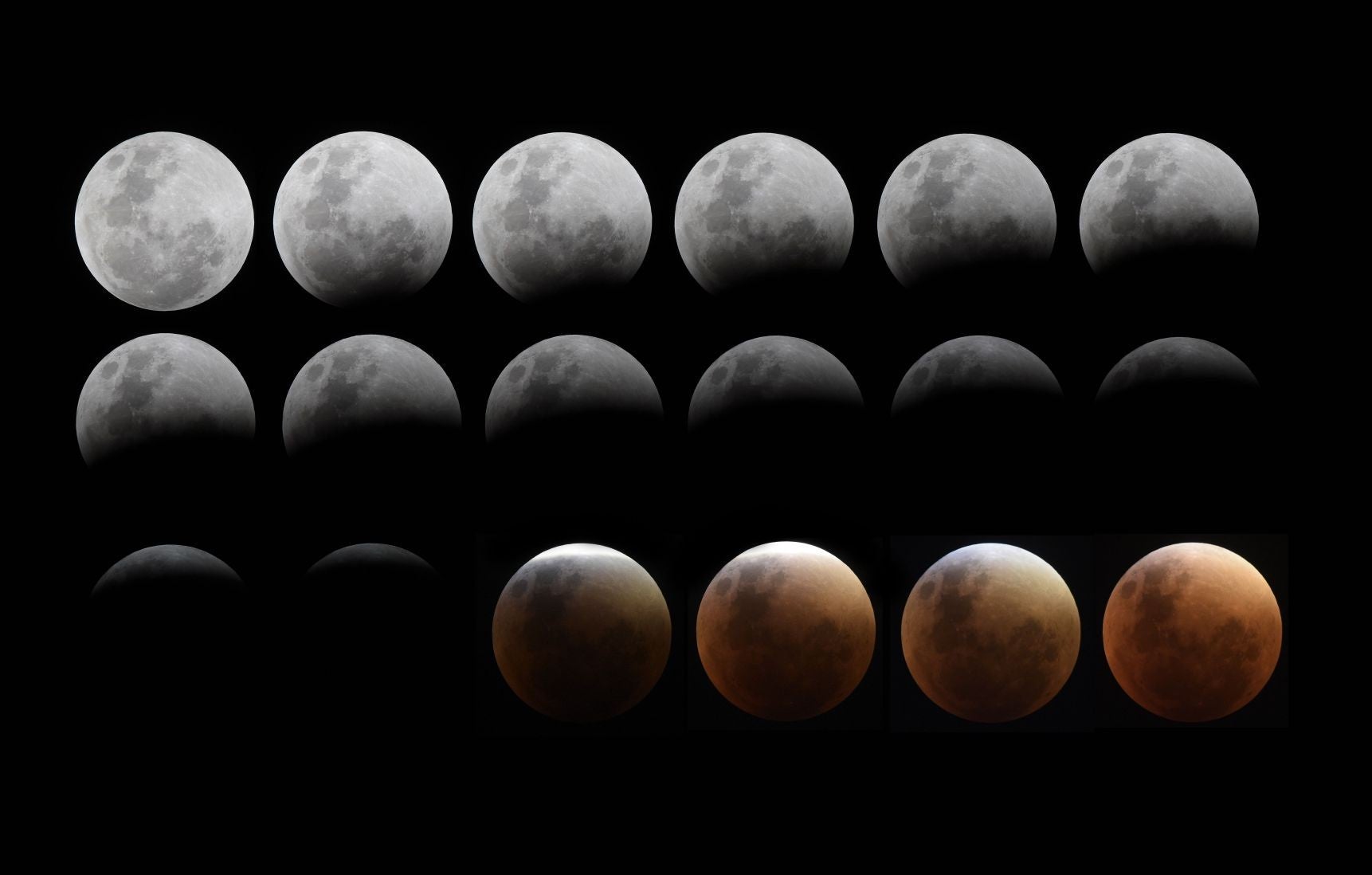 A combination of eighteen pictures shows the phases of the moon