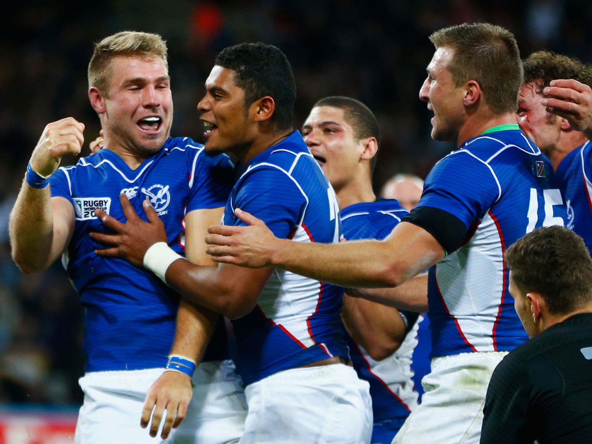 Johan Deysel celebrates for Namibia after scoring against New Zealand