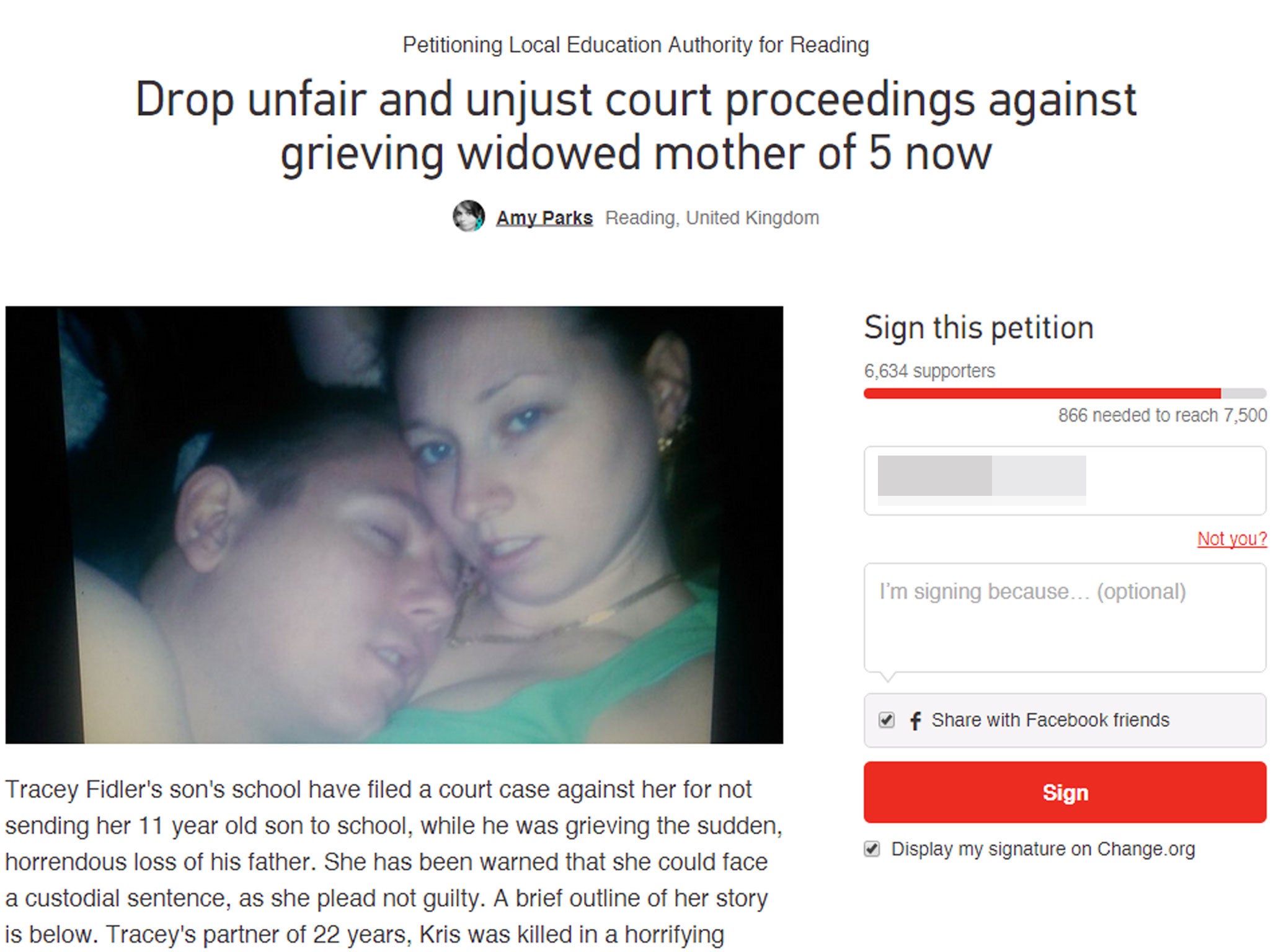 A Change.org petition set up in support of Tracey Fidler