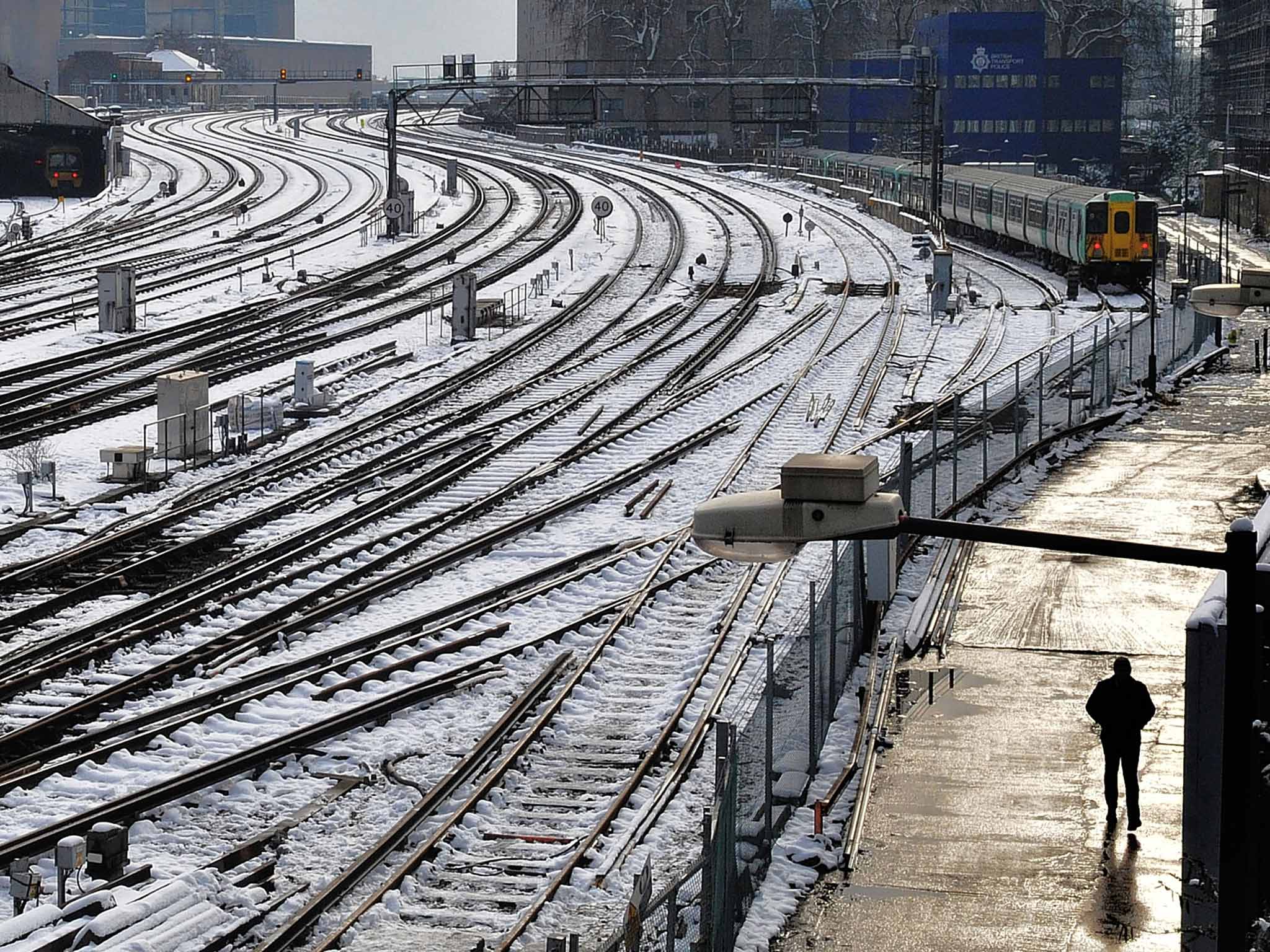 Train tracks south of Victoria station in front of Battersea Power Station