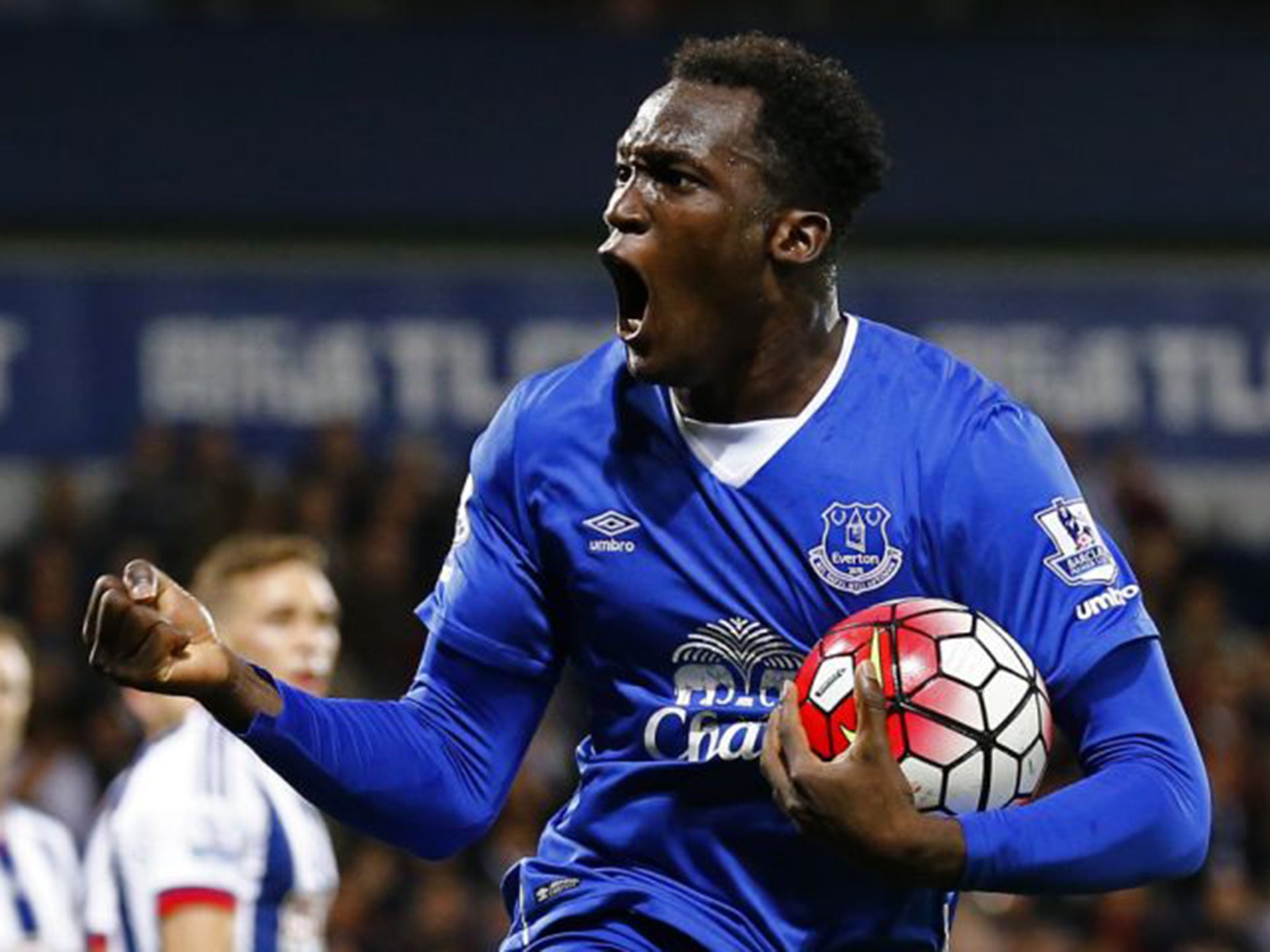 Romelu Lukaku urges on the Everton fans behind the goal after getting his side’s first to launch their recovery from 2-0 down to win 3-2