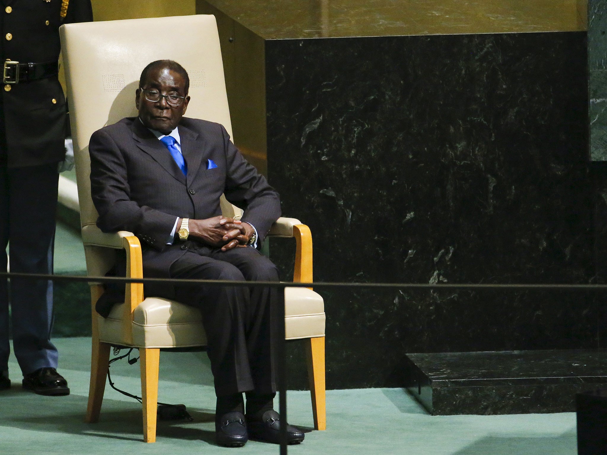 Robert Mugabe waits to address the United Nations General Assembly.