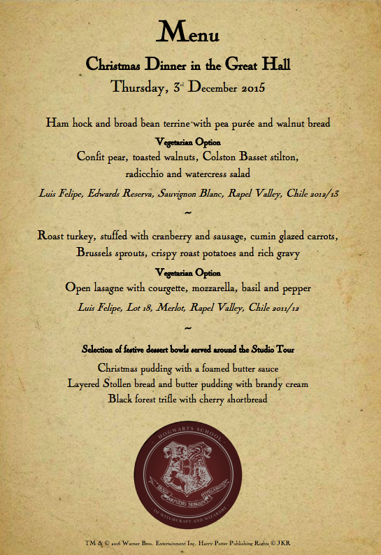 This is the menu guests will be served at the Hogwarts dinner