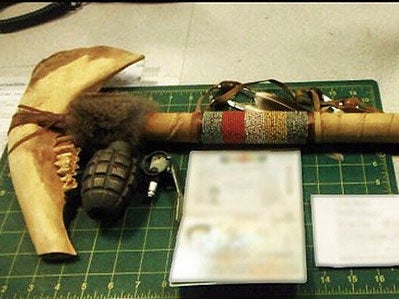 A jawbone tomahawk and an inert pineapple grenade were found in a carry-on bag at an airport in Las Vegas