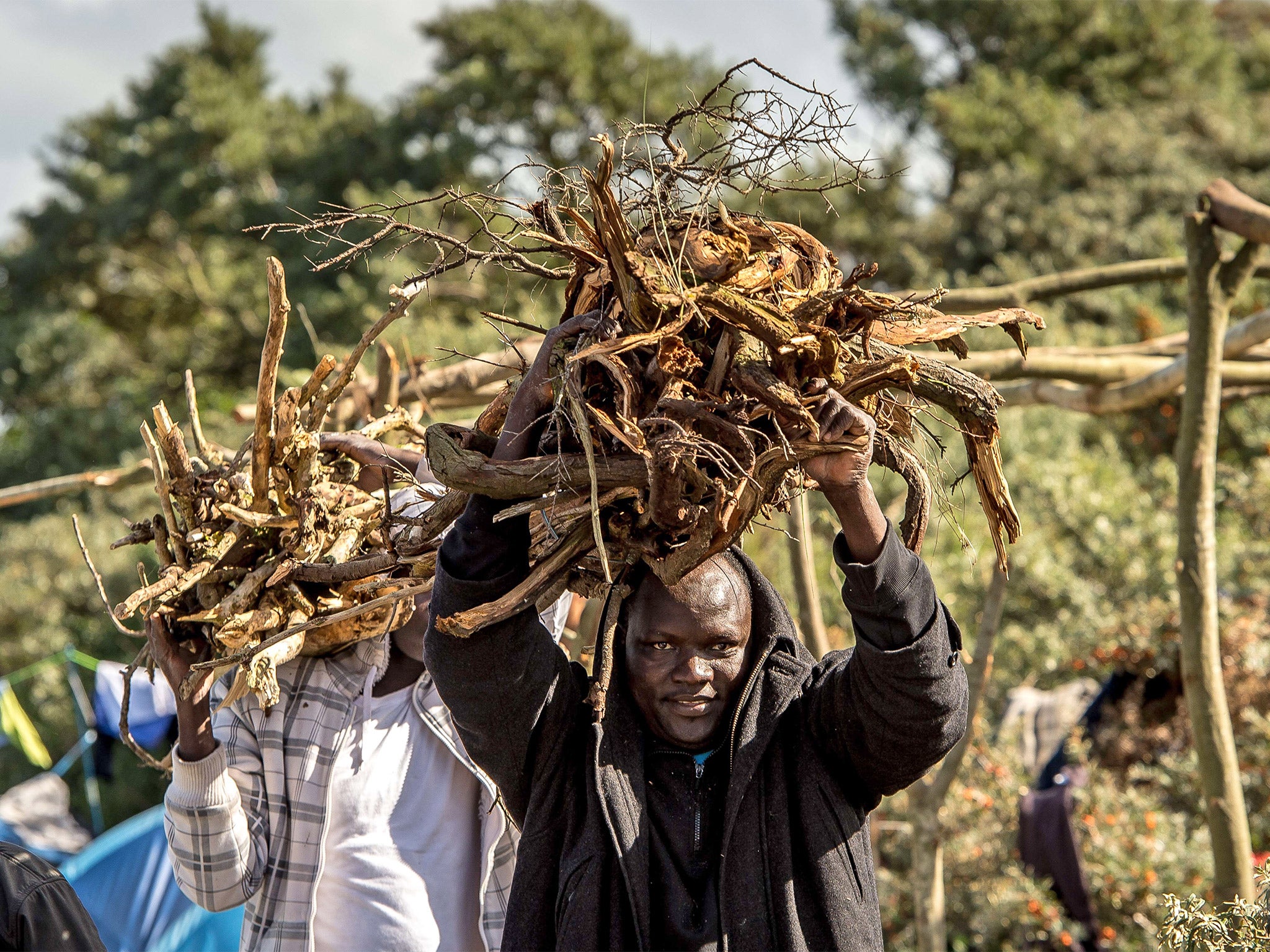 Refugees carry bundles of firewood