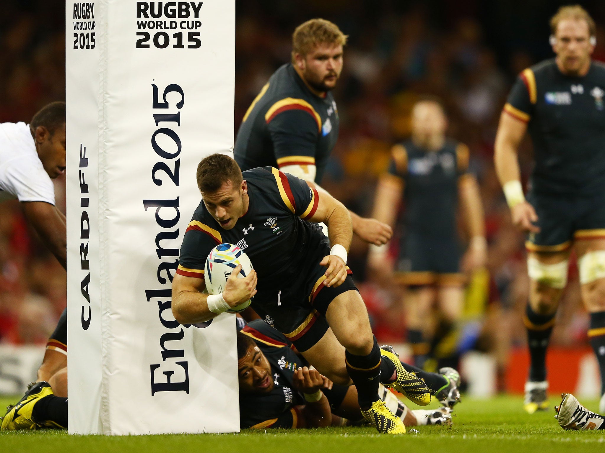 Gareth Davies dives over to score Wales' first try for Wales against Fiji