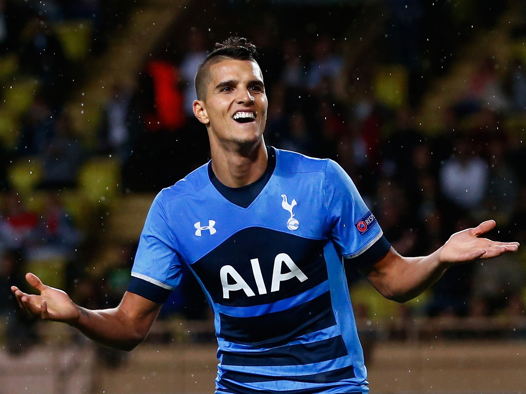 Erik Lamela celebrates scoring for Tottenham against Monaco