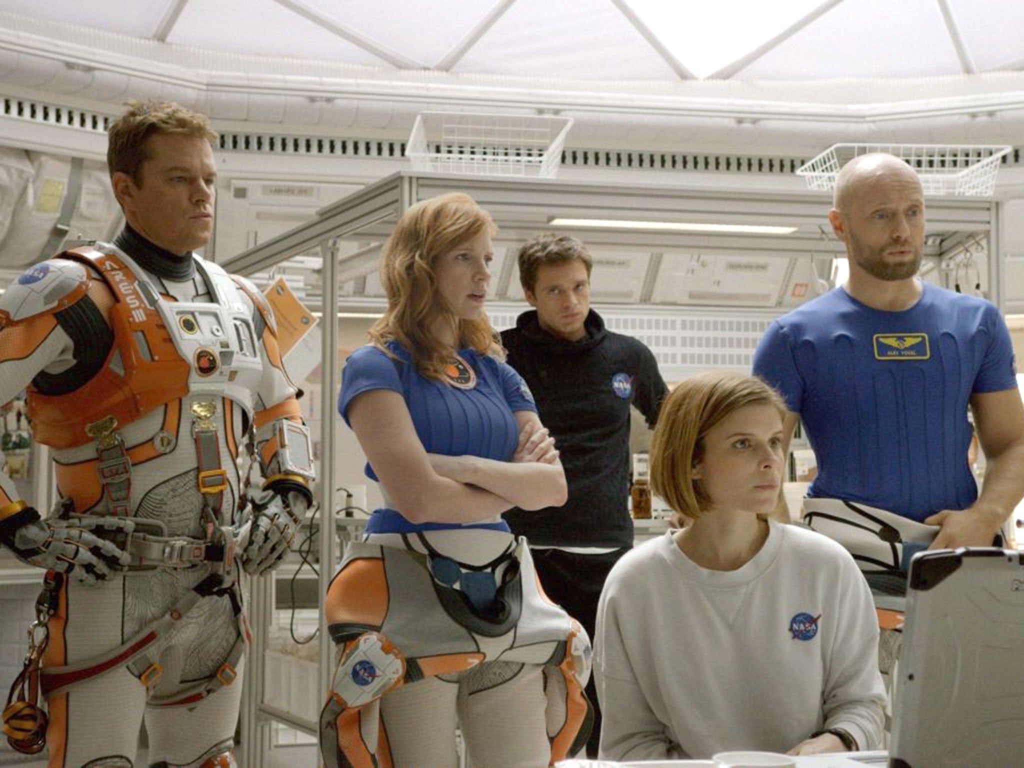 Watney is part of a mission to Mars, led by Jessica Chastain (second left)