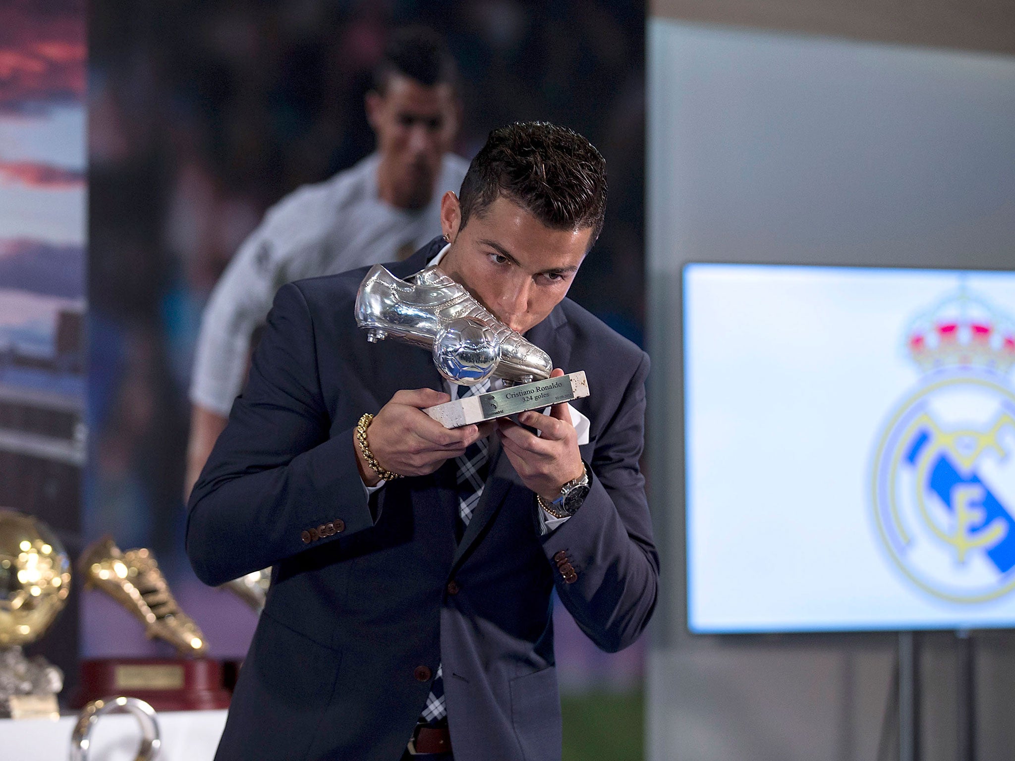 Cristiano Ronaldo collects a special award for becoming Real Madrid's all-time top scorer