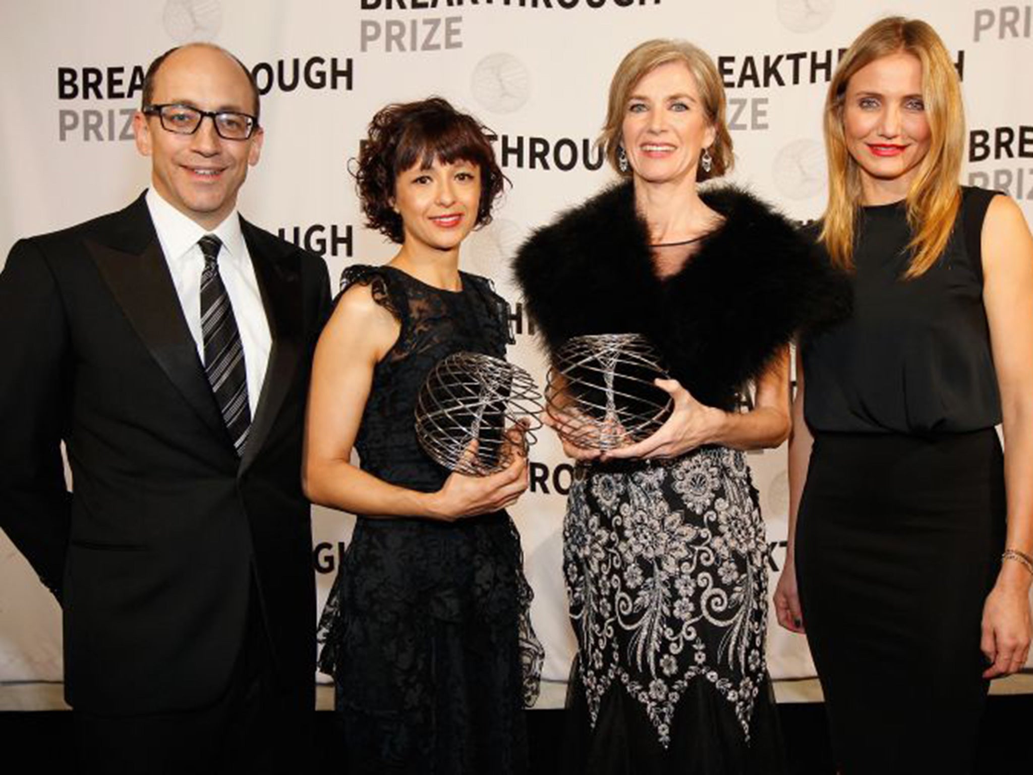 Twitter CEO Dick Costolo, Ulmea Universtiy Professor and Microbologist Emmanuelle Charpentier, University of California, Berkeley Professor of Chemistry Jennifer A. Doudna, and Actress Cameron Diaz attend the Breakthrough Prize Awards Ceremony