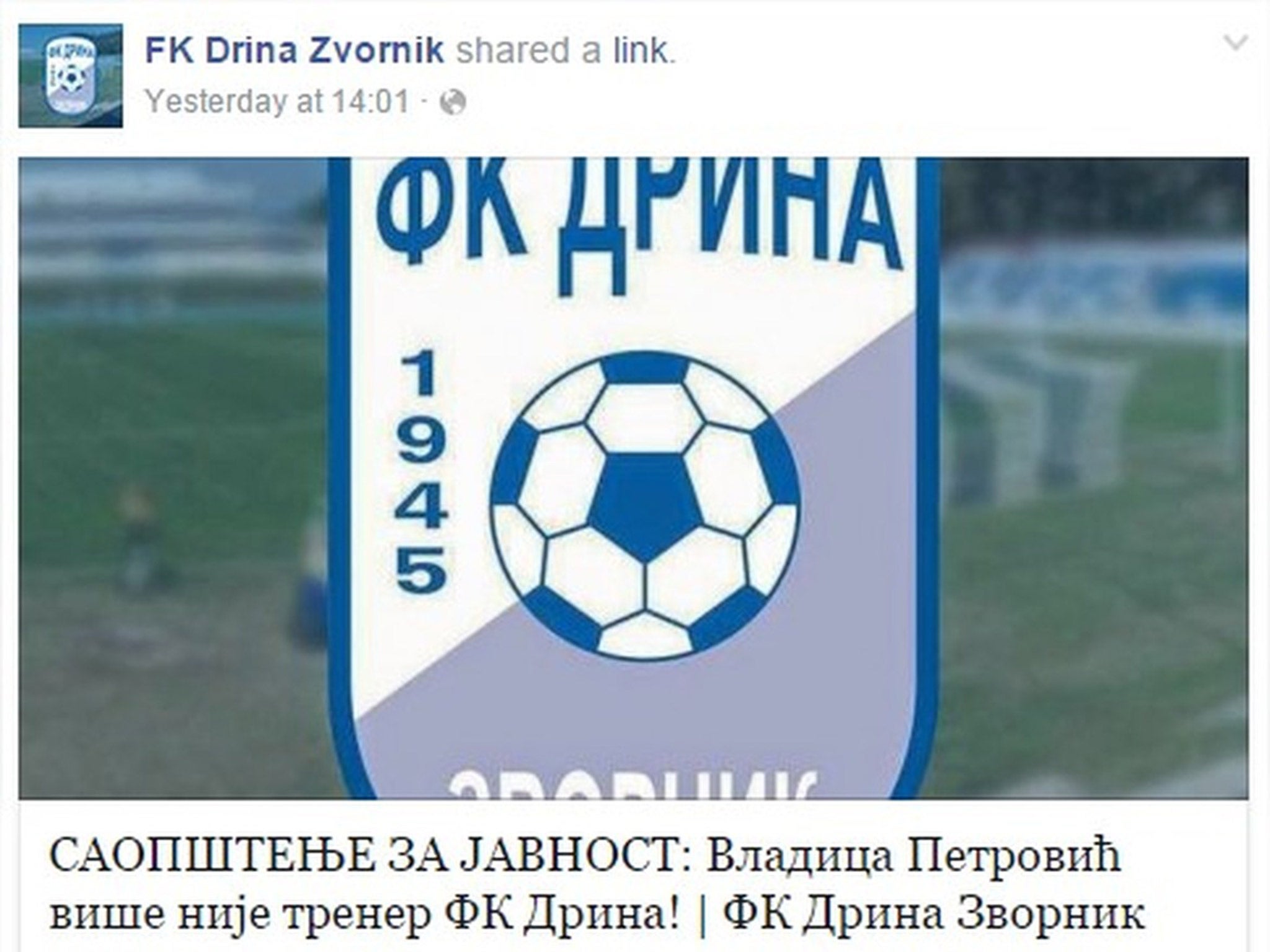 FK Drina Zvornik's Facebook post confirming the termination of Petrovic's contract