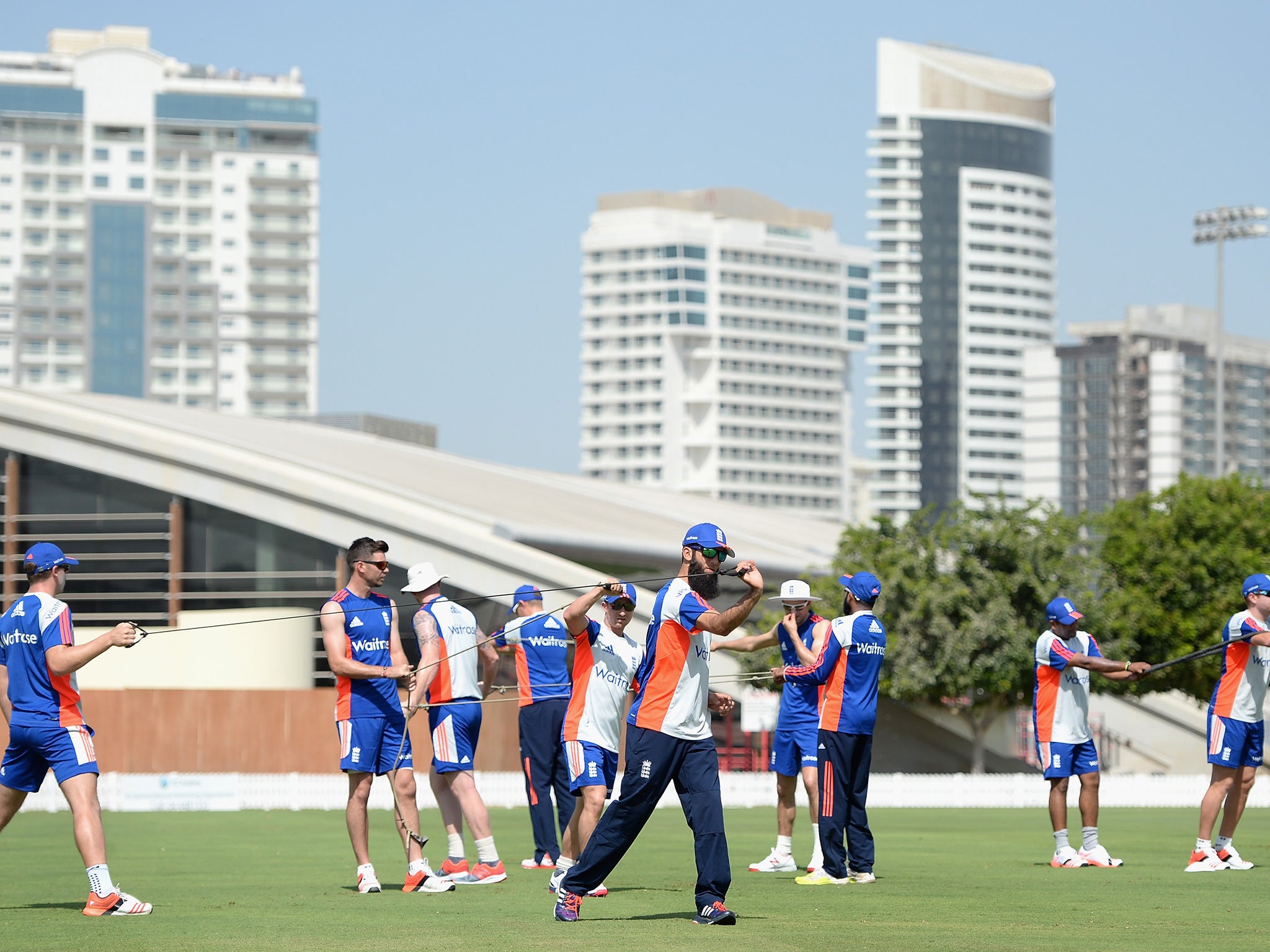 England players training in Dubai yesterday in preparation for their Test series against Pakistan