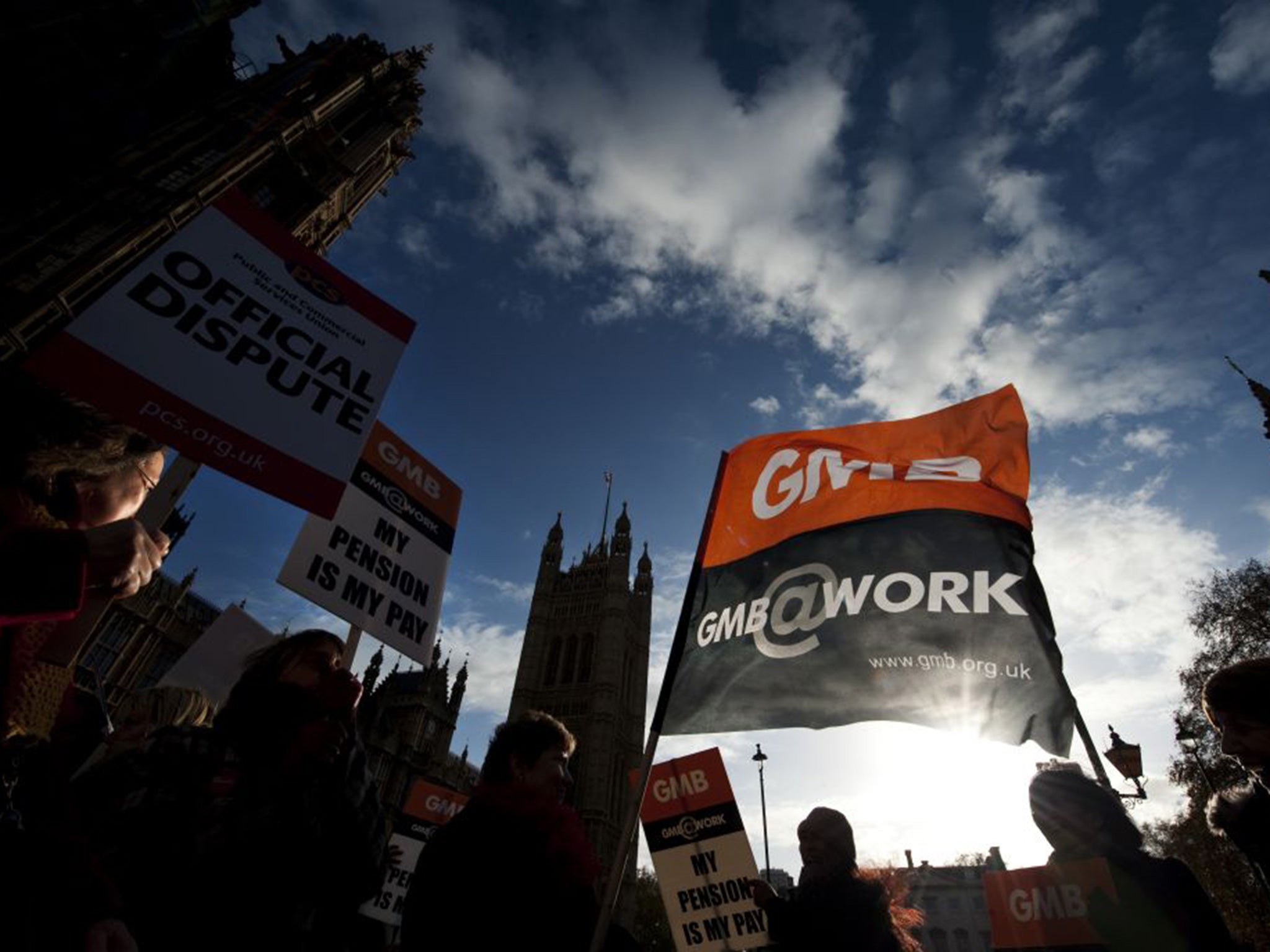 GMB trade union members demonstrate supporting a public sector strike over pensions