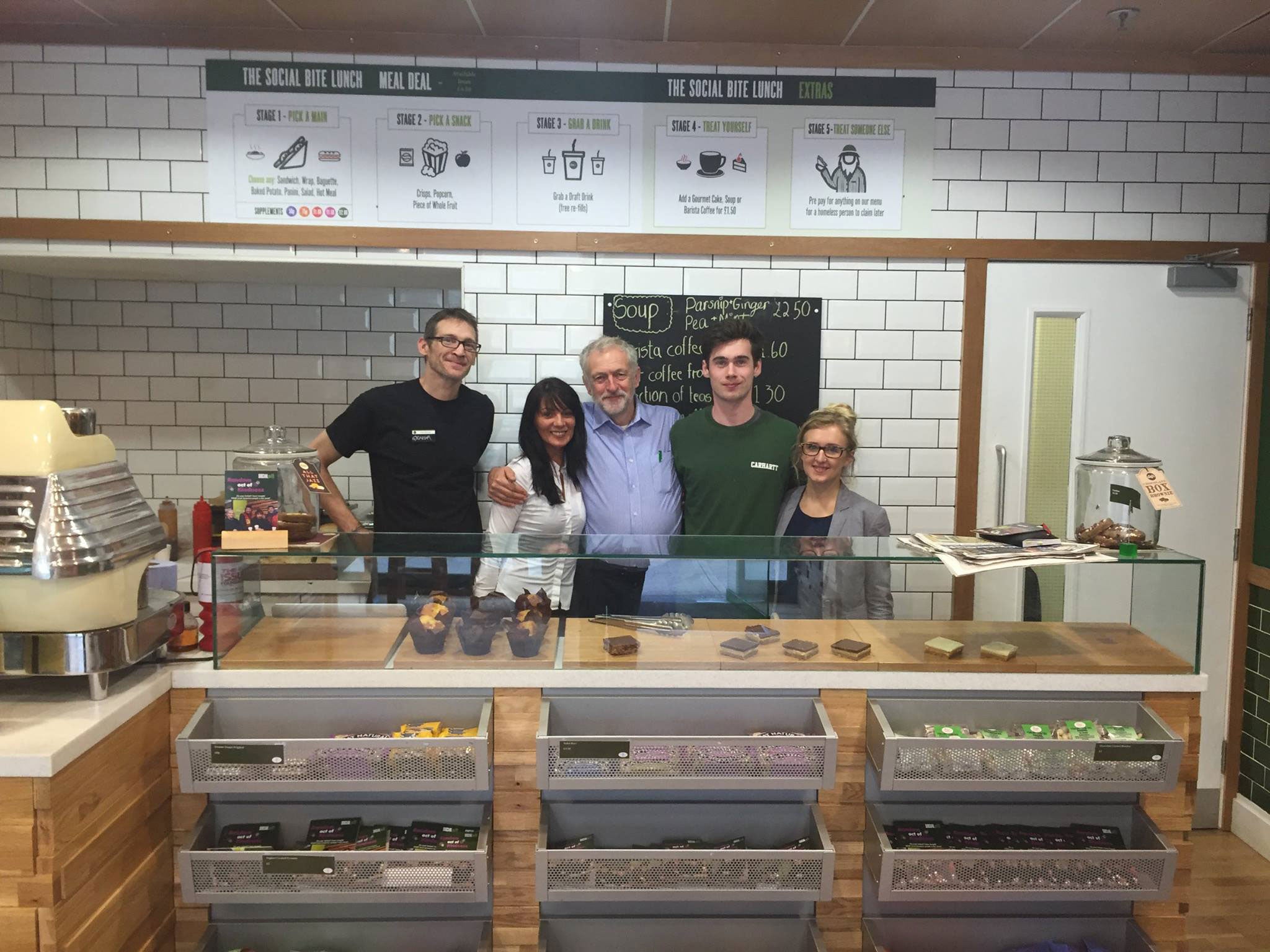 Jeremy Corbyn visits Cafe in Galsgow Scotland and buys two meals for the homeless