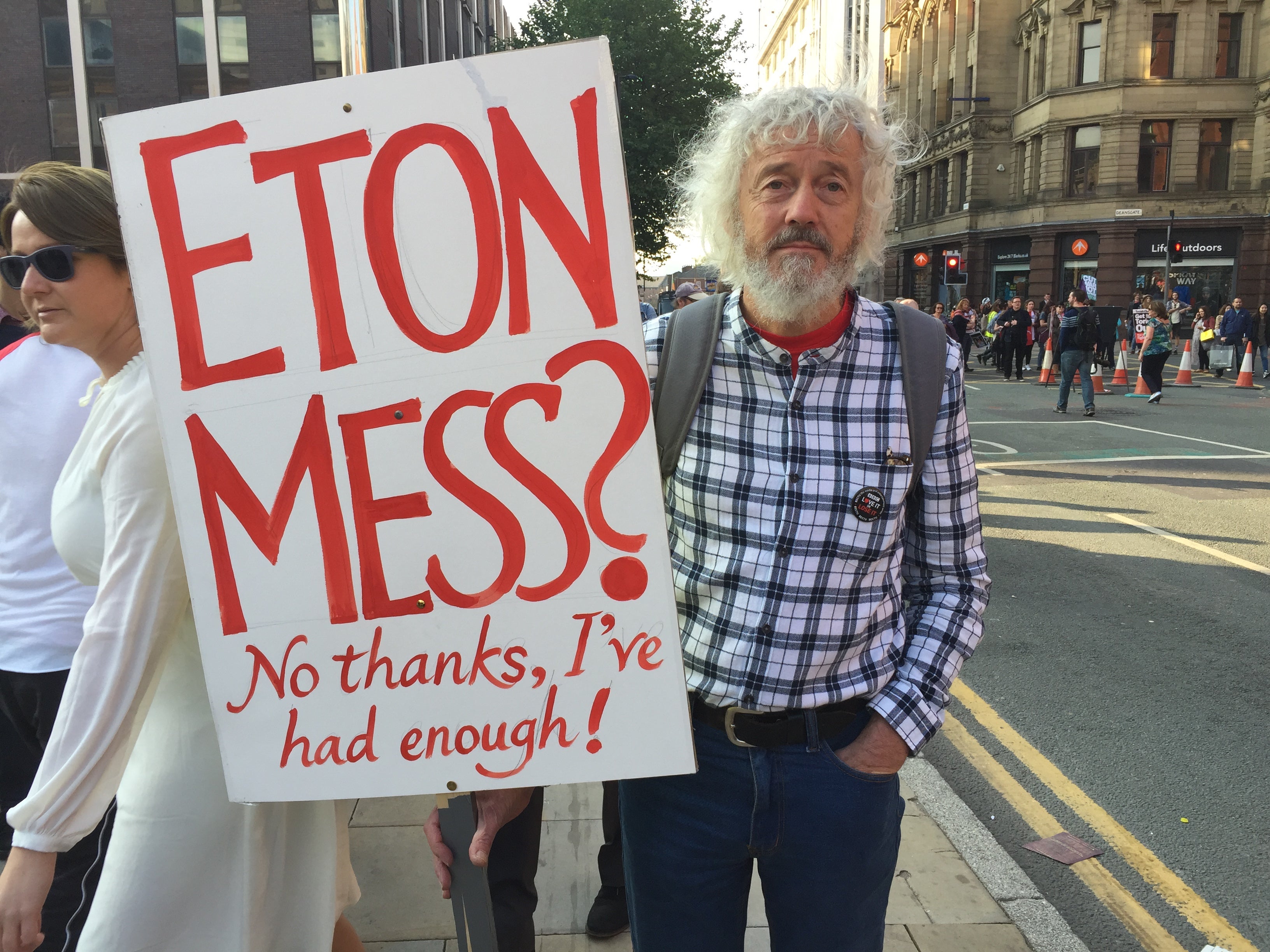 Stephen Raw, a 63-year-old artist from Manchester protests outside the Tory party conference