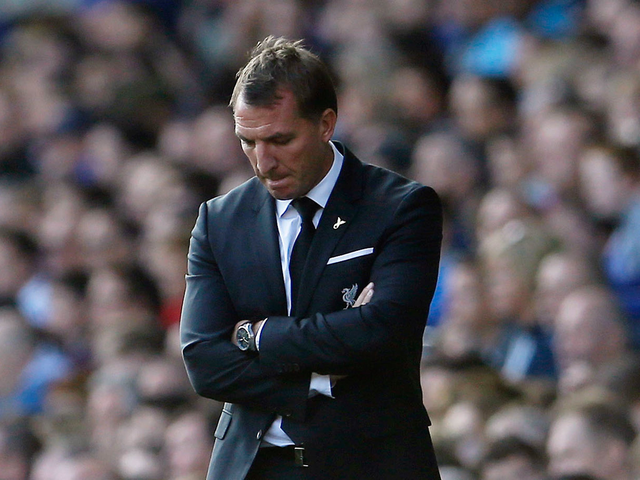 Liverpool manager Brendan Rodgers looks dejected as Liverpool can only draw with Everton