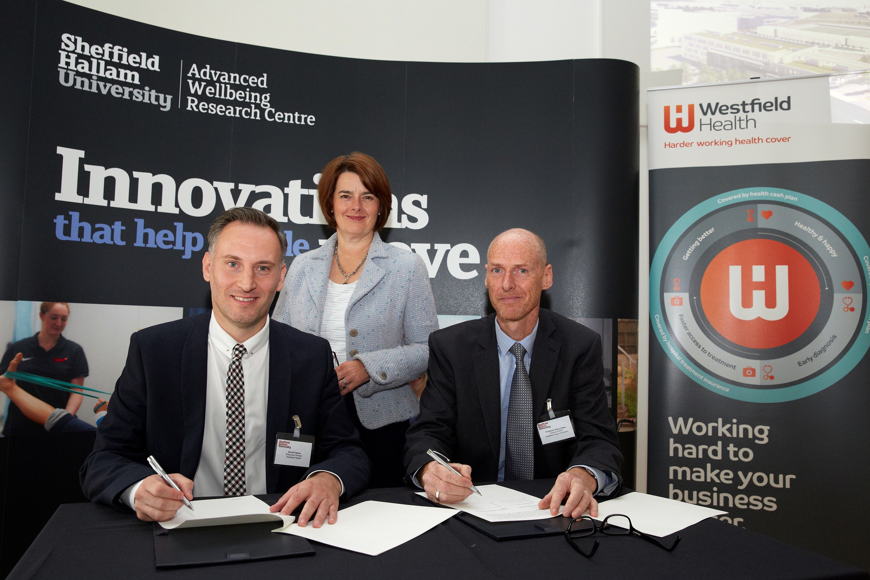 David Capper, Westfield Health, Jane Ellison MP, Public Health Minister and Professor Steve Haake, AWRC Director