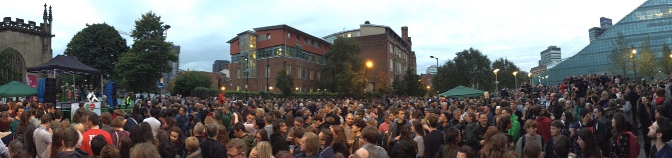 The overflow crowd gathered outside Manchester Cathedral