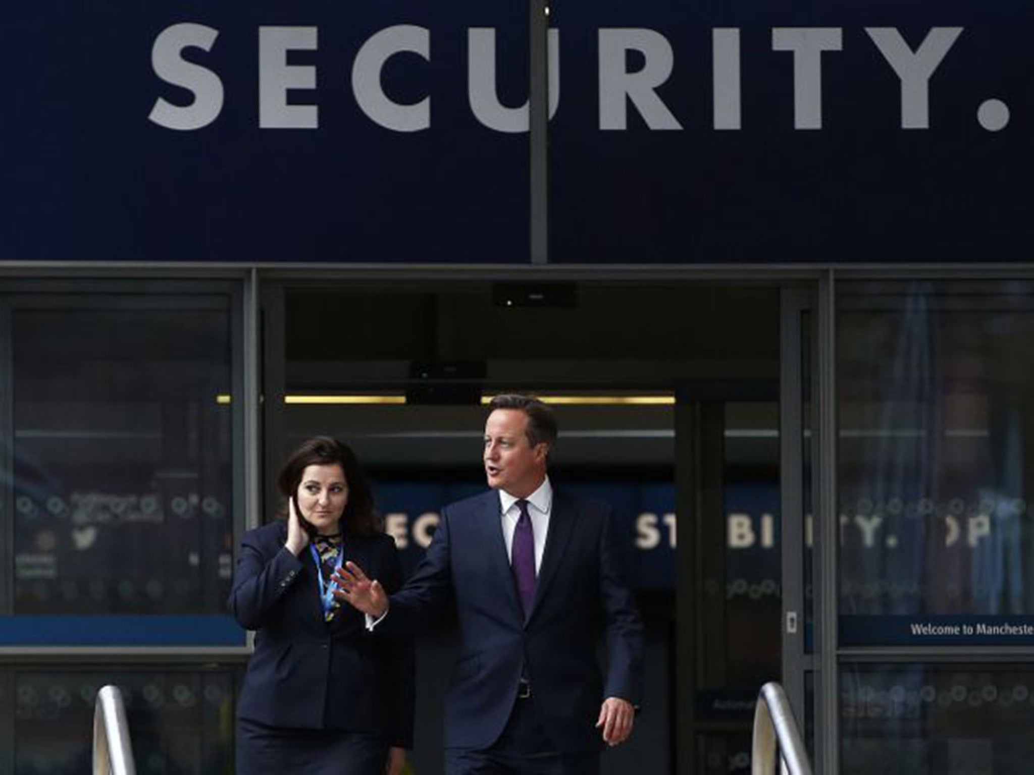 David Cameron leaves Manchester Central with MP for Eastbourne Caroline Ansell