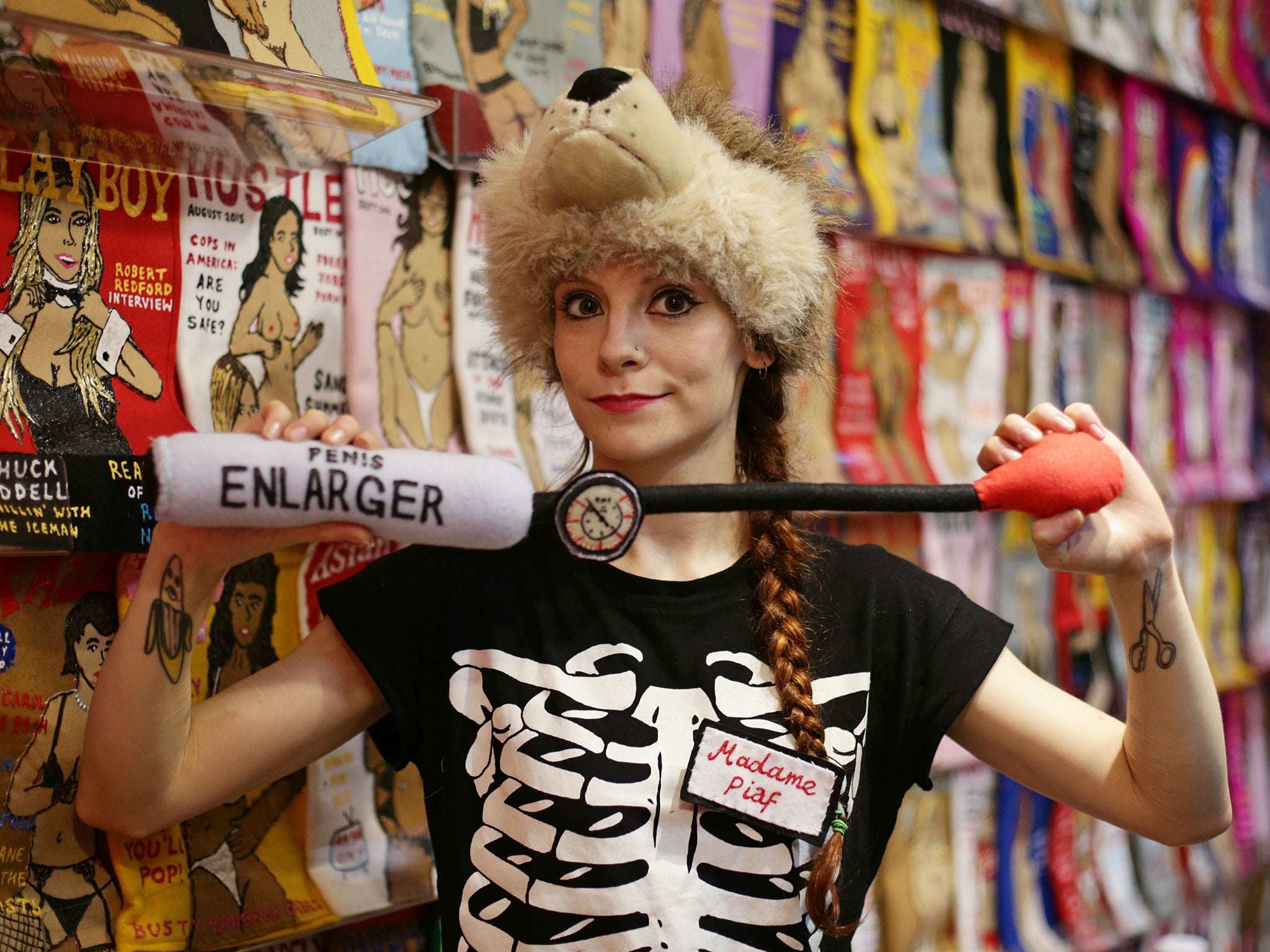 British artist Lucy Sparrow during a preview of her solo show 'Madame Roxy's Erotic Emporium' - a Soho sex shop created entirely from felt - in Soho, London