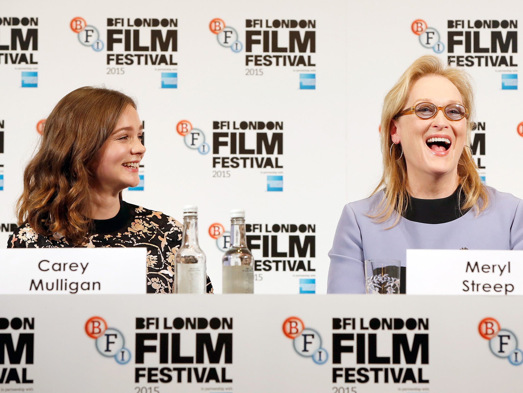 Carey Mulligan and Meryl Streep attend the "Suffragette" press conference during the BFI London Film Festival