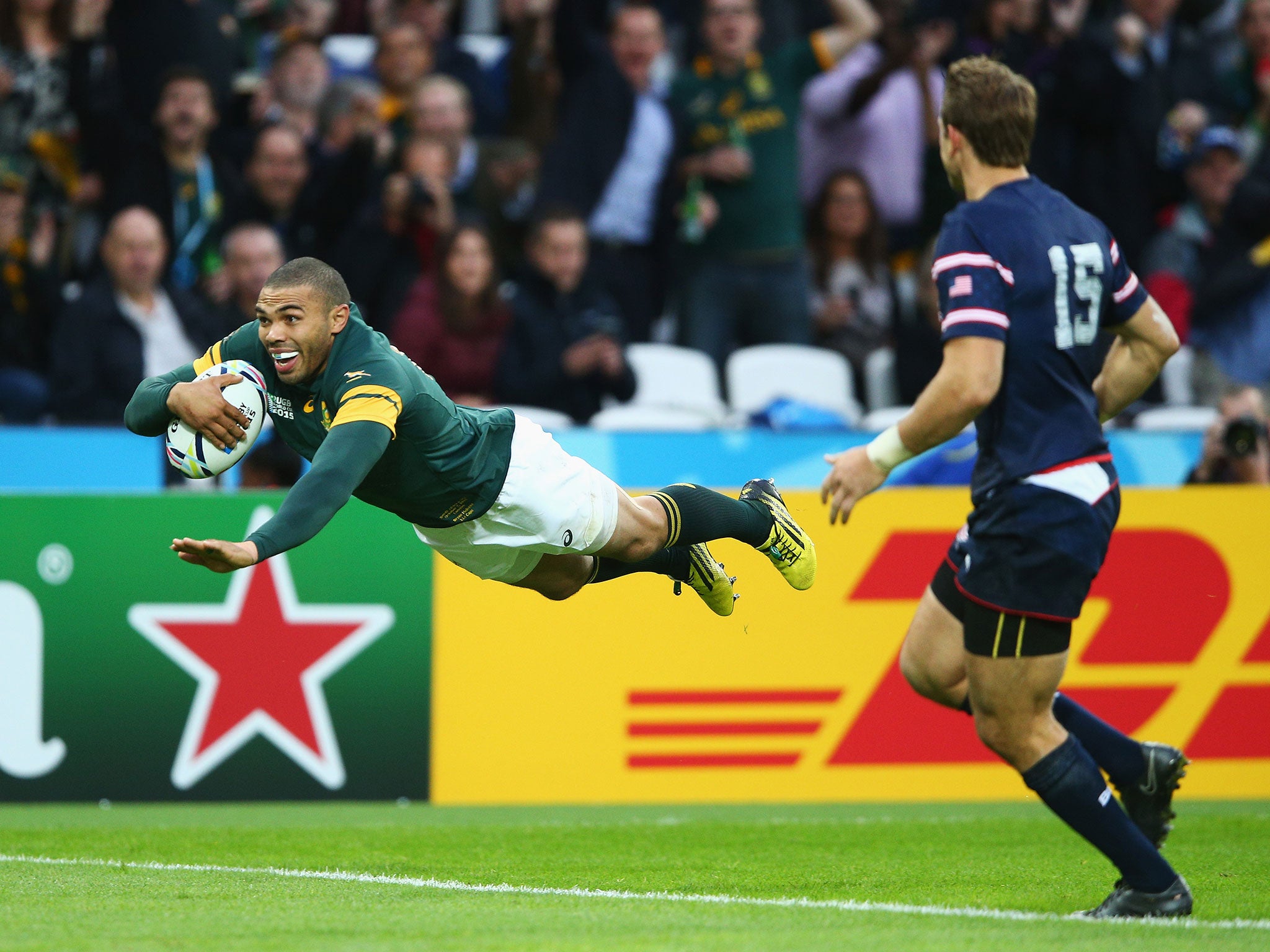 Bryan Habana dives over the line to score a try for South Africa