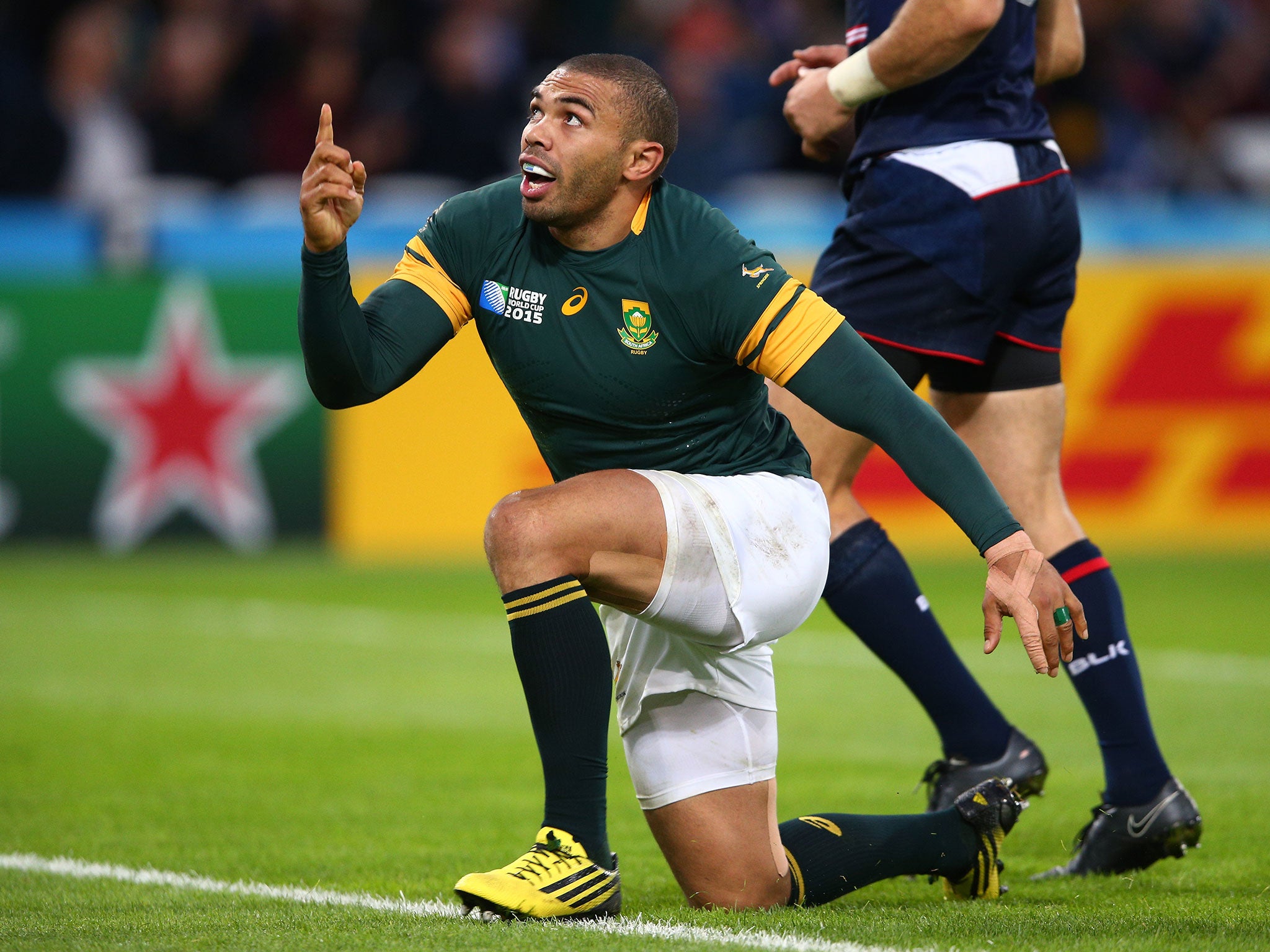 Bryan Habana celebrates sealing his hat-trick against the United States