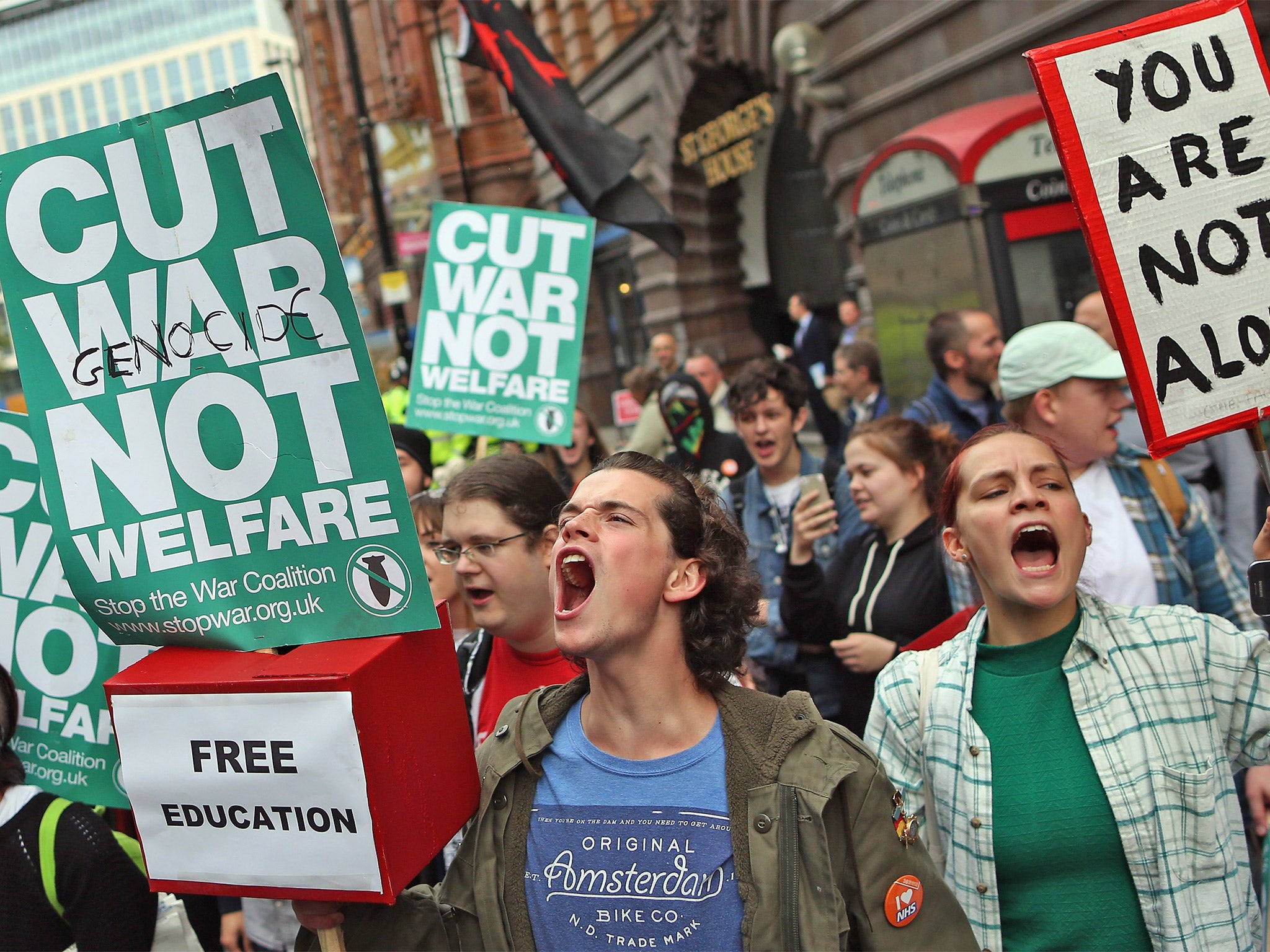 Anti-austerity and anti-war protesters have picketed outside the Tory conference in Manchester every day since it opened on Sunday