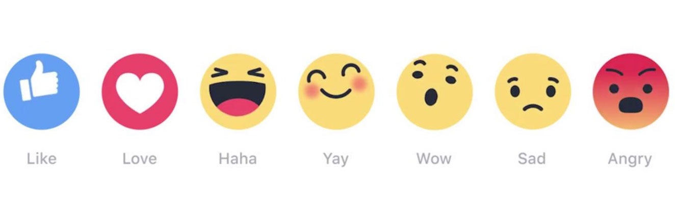 The crop of new reactions that Facebook will soon be rolling out to users' newsfeeds