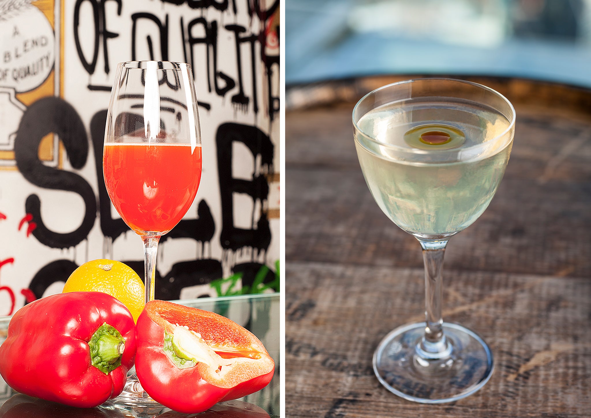 Right: A Red Pepper and Watermelon Bellini; Left: A Blue Cheese and Chocolate Martini