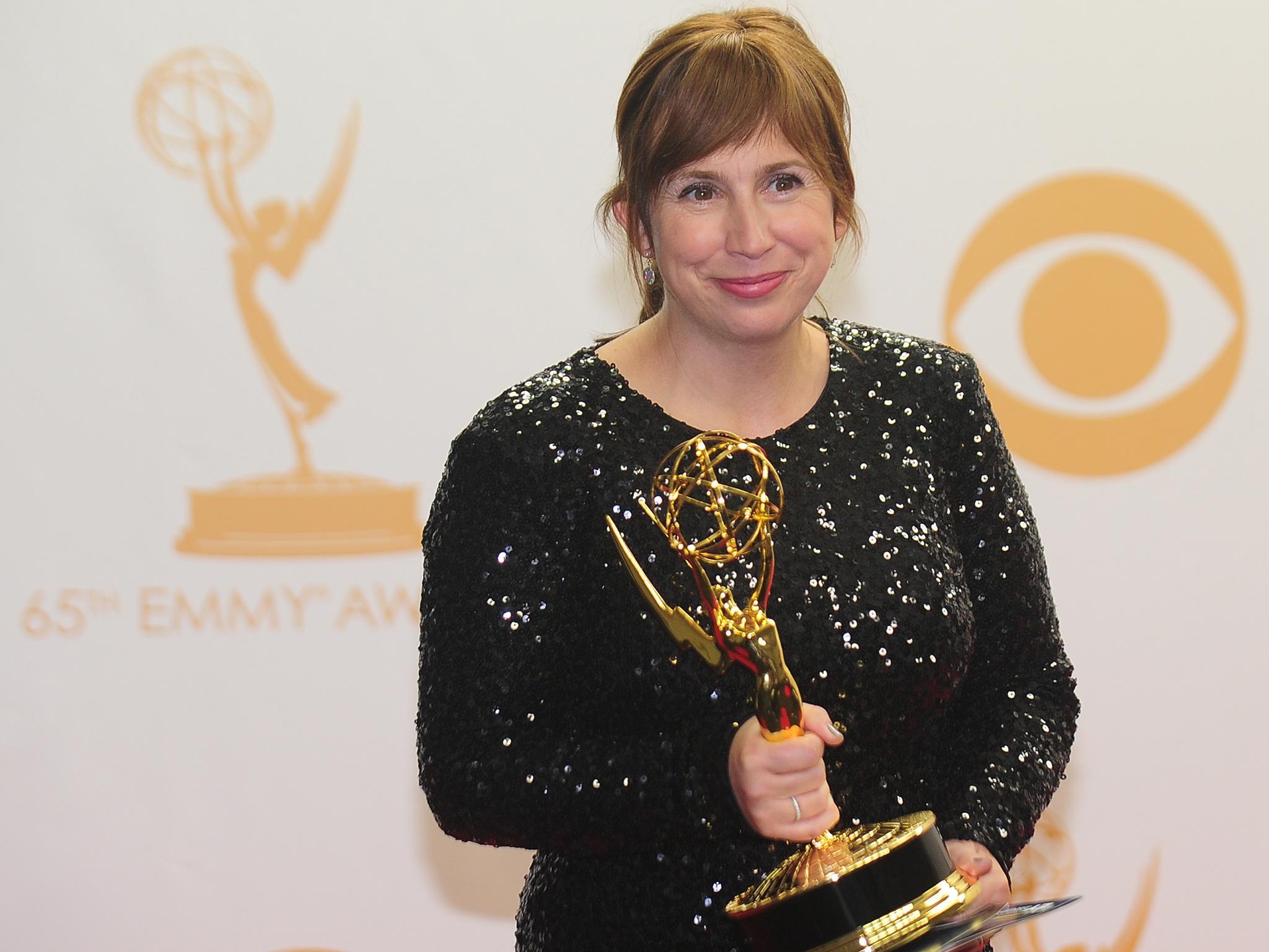 Screenwriter Abi Morgan holds her Emmy for best screenwriter for The Hour