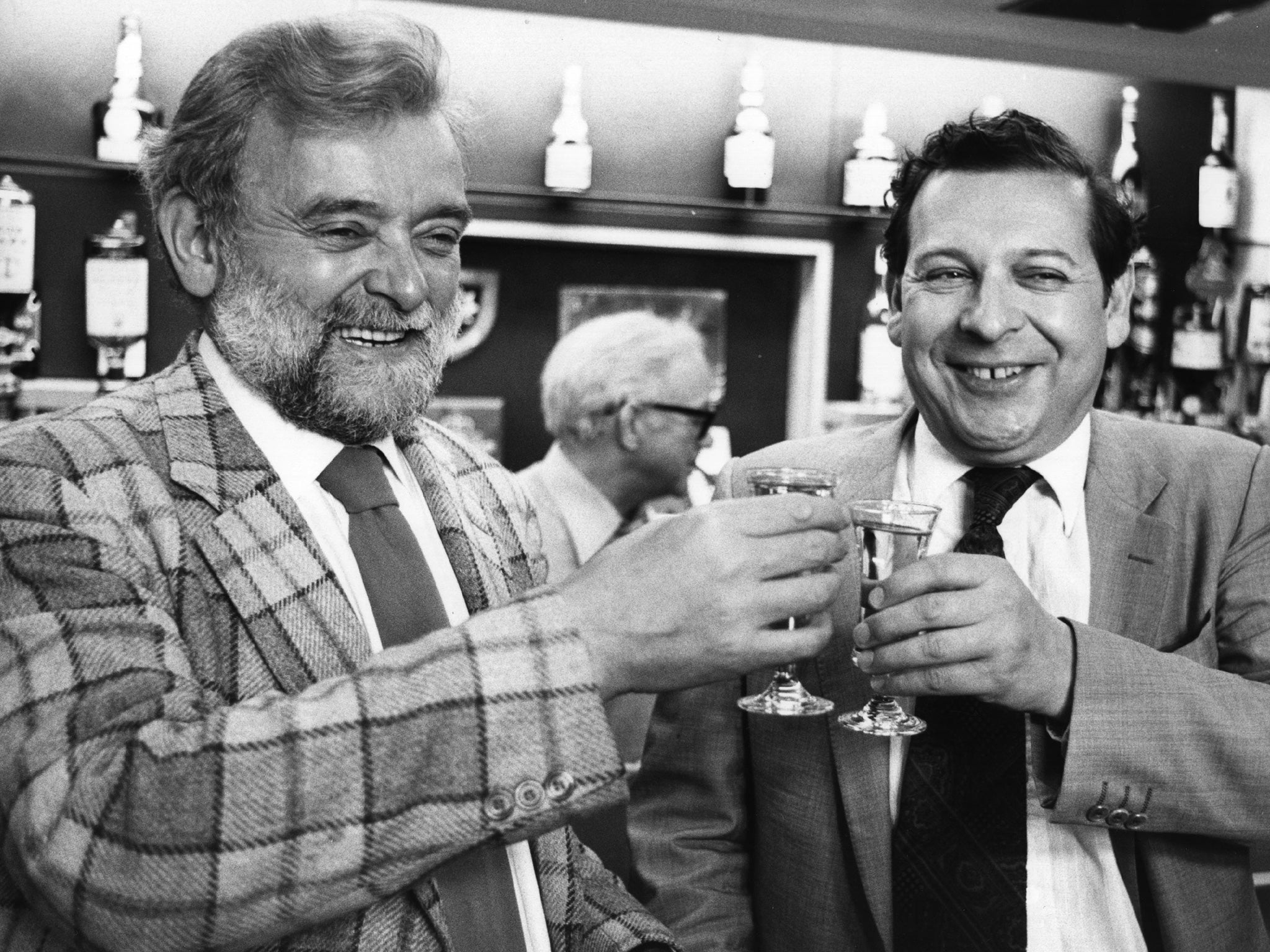 Illtyd Harrington the Deputy leader and Andrew McIntosh the Leader pictured at County Hall celebrating the Labour win over the Conservatives in the GLC