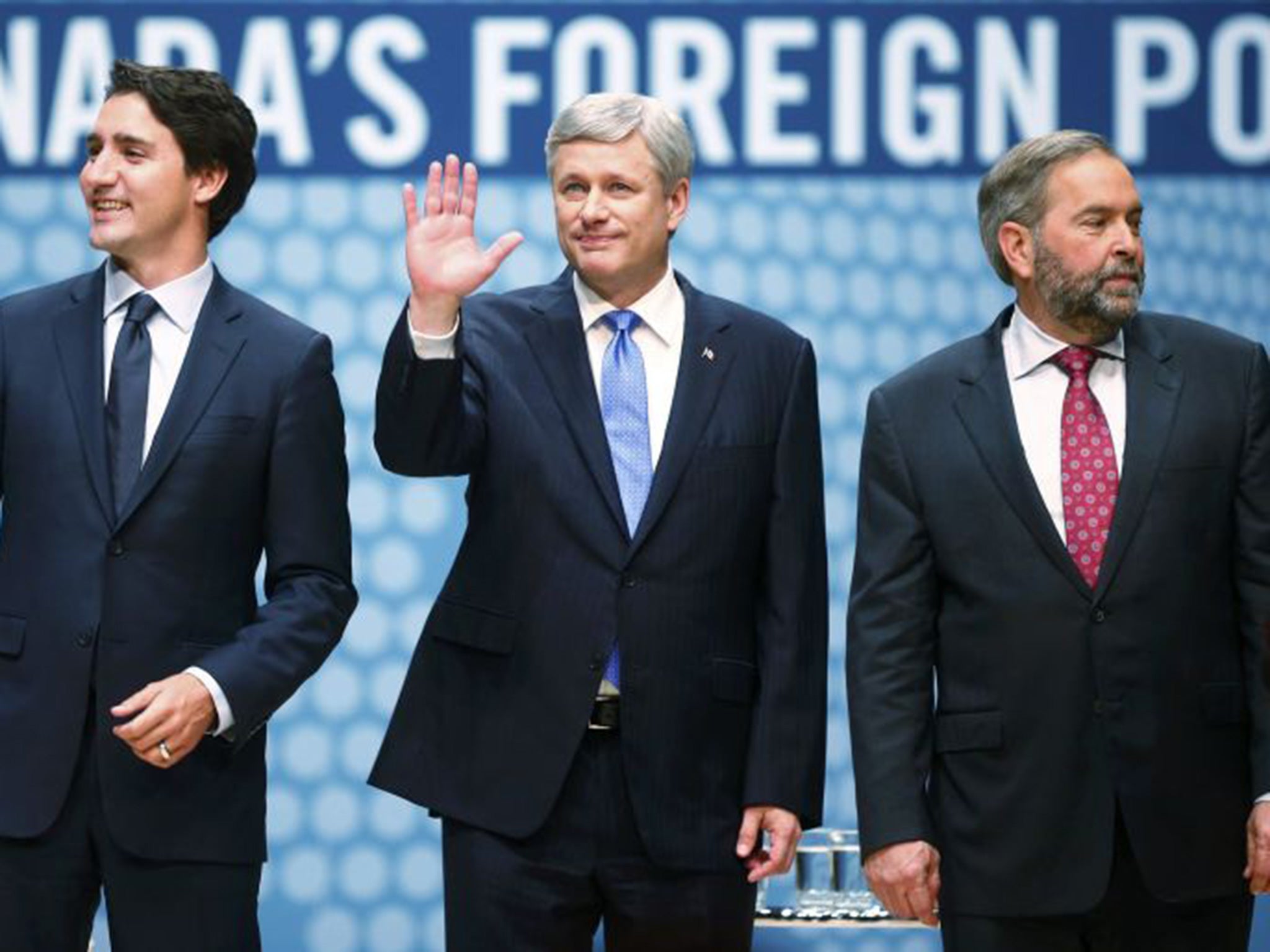 Canada’s Prime Minister, Stephen Harper (centre), with rivals Justin Trudeau (left) and Thomas Mulcair