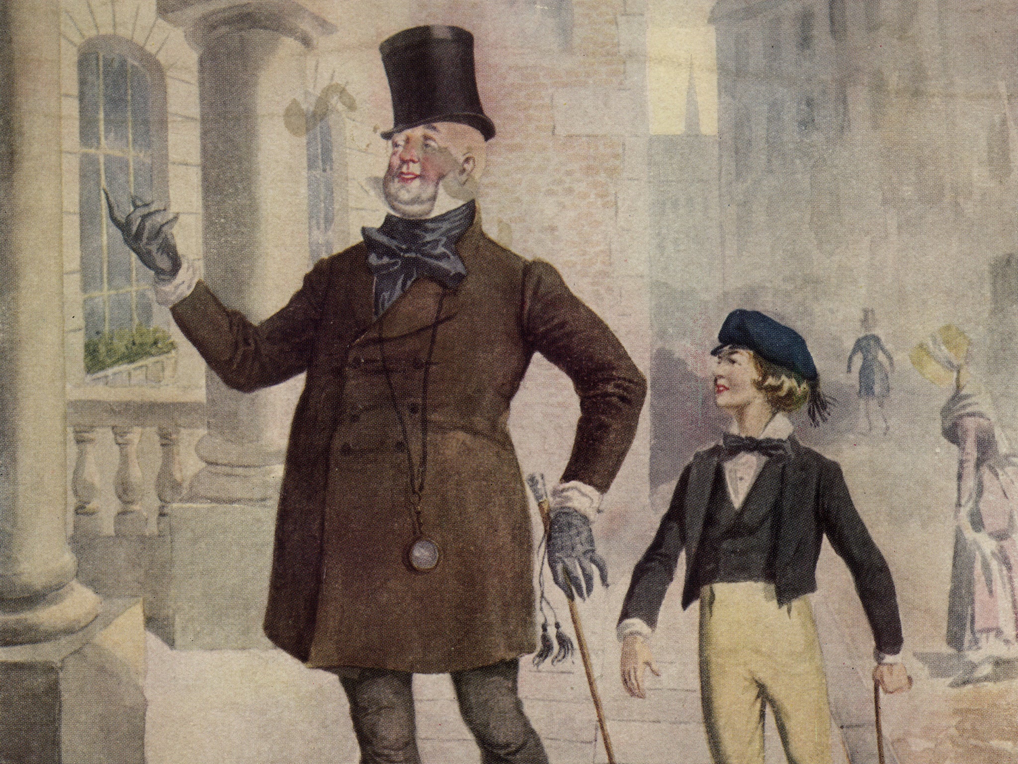 The characters 'Mr Micawber', left, and 'Young Copperfield' in an illustration from the Charles Dickens novel 'David Copperfield' circa 1850