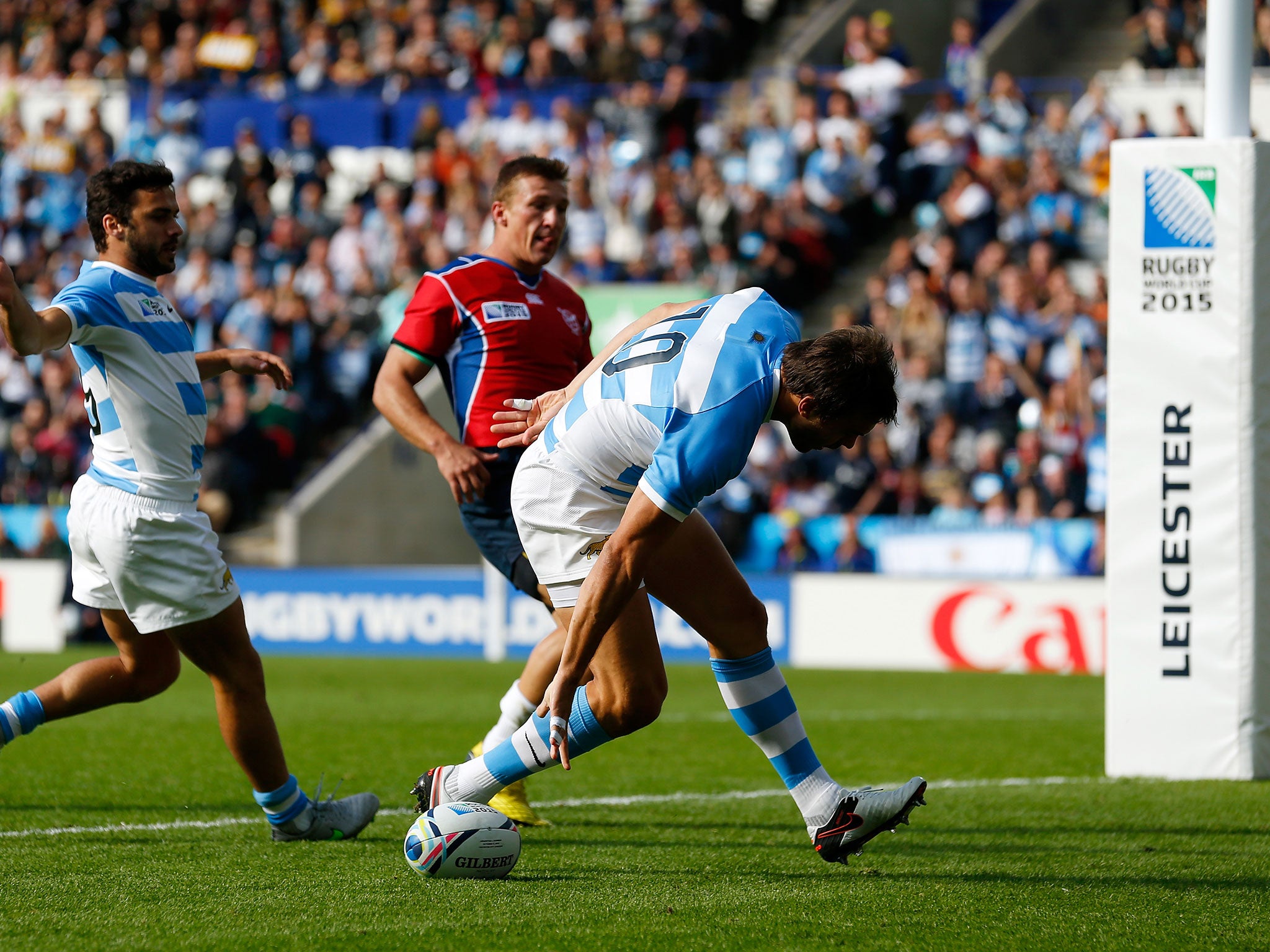 Juan Martin Hernandez scores the opening try for Argentina against Namibia