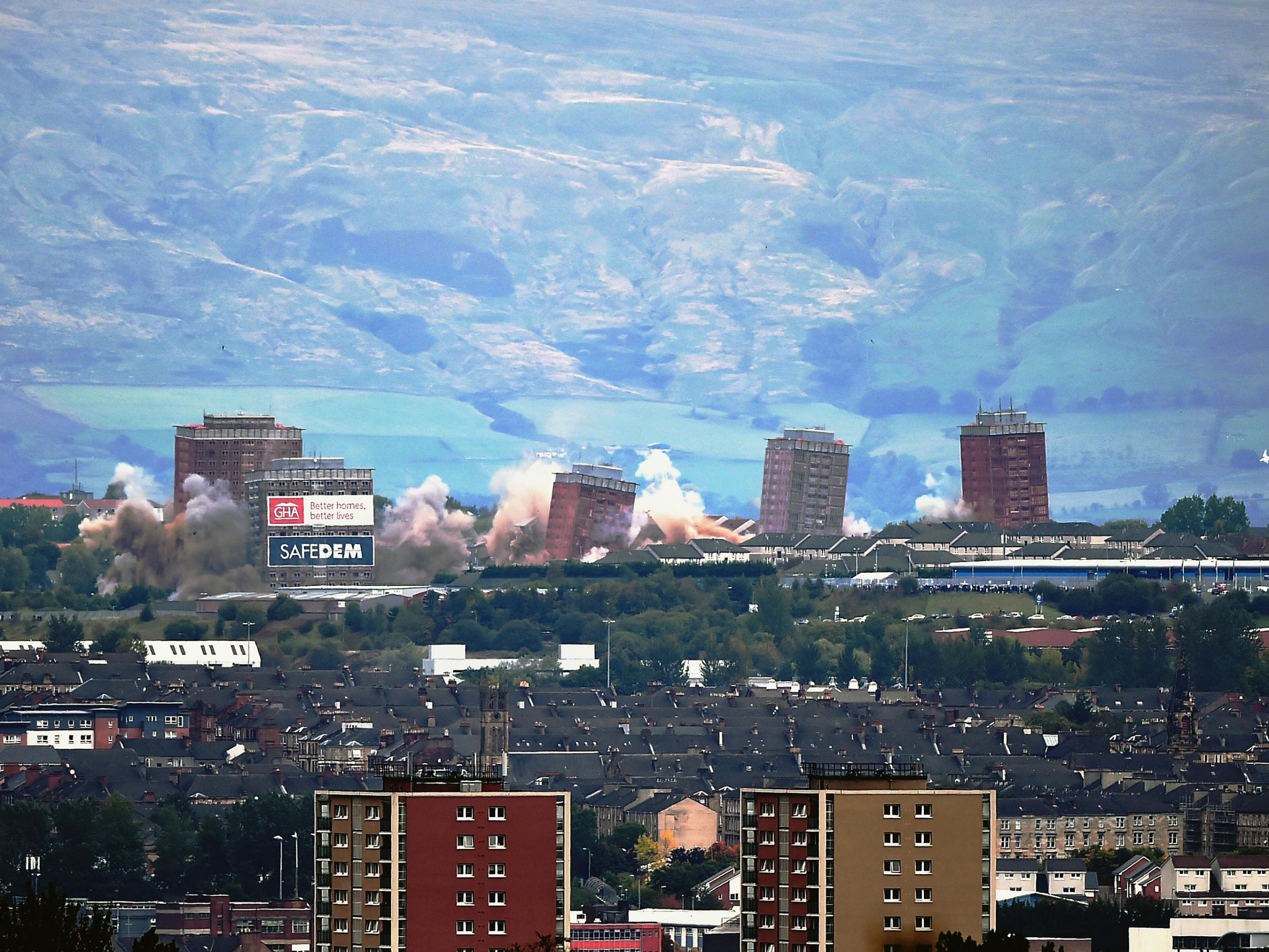 Crowds gathered to witness the demolition of the iconic tower blocks but this unfortunate Glaswegian rues missing it