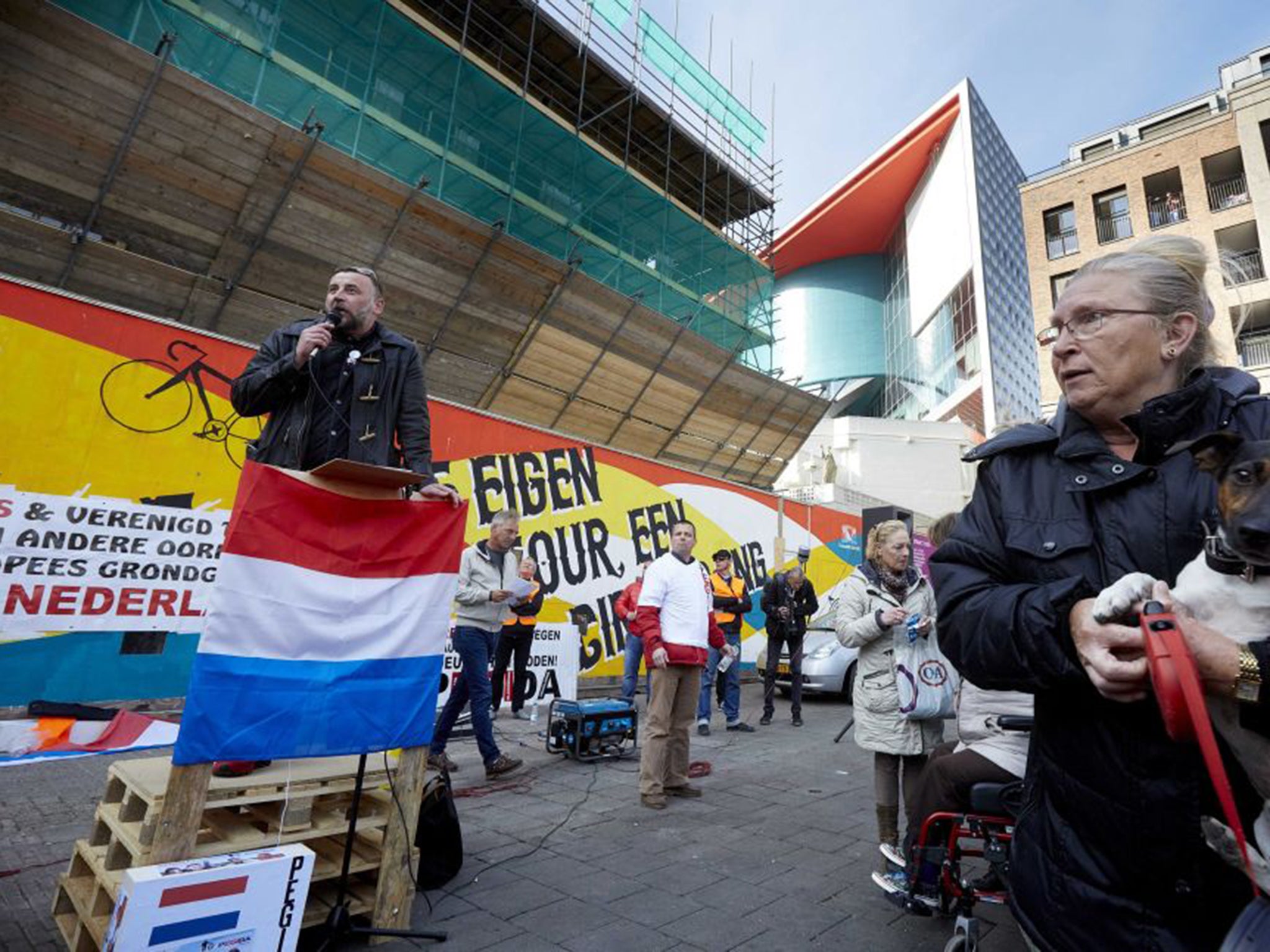 Pegida leader Lutz Bachmann speaking at a rally in Utrecht, Netherlands on Sunday. The anti-Islamic movement is calling for the closure of borders to refugees