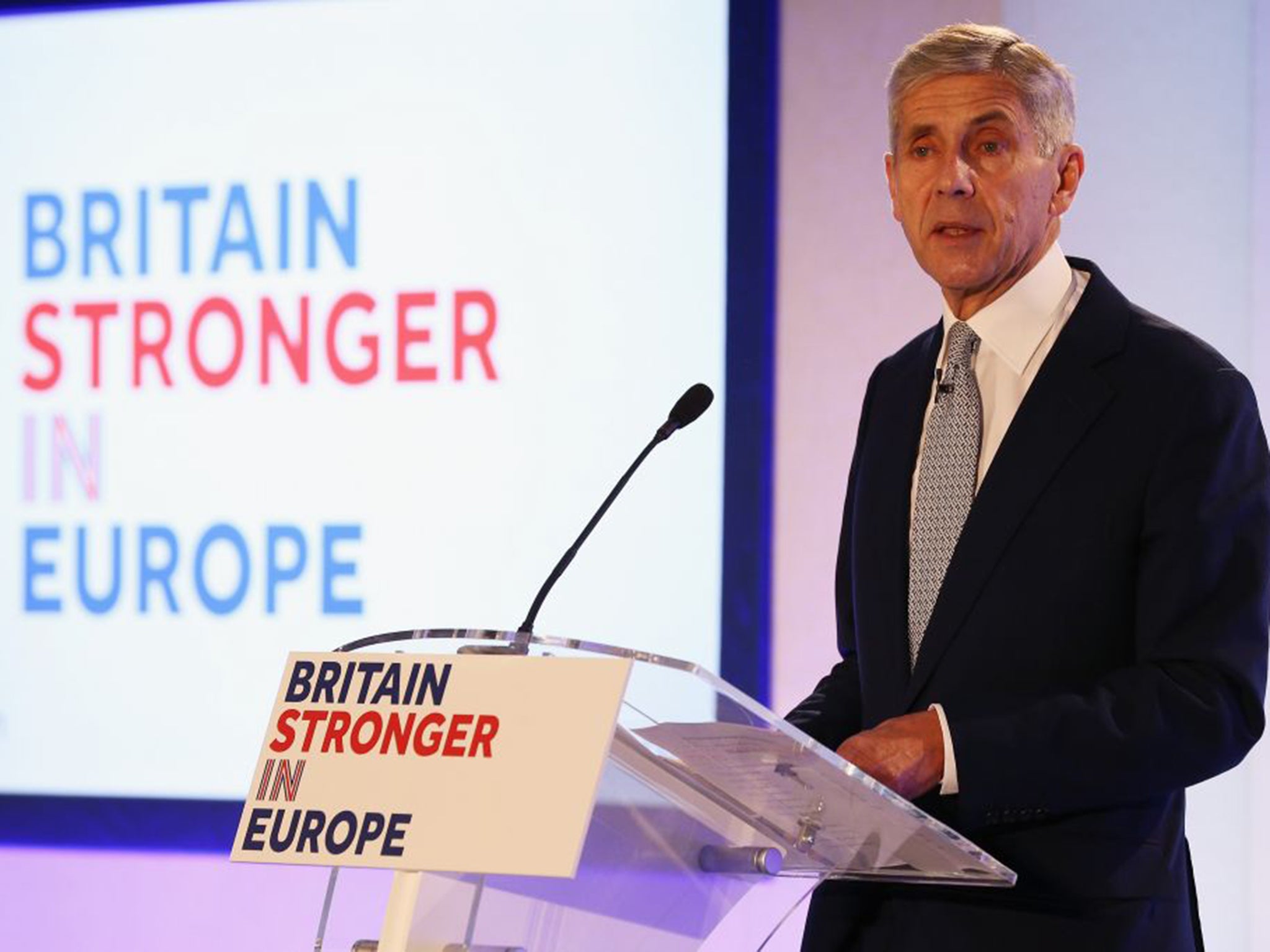 Former Marks and Spencer's boss and the current chairman of the 'Britain Stronger in Europe' campaign, Lord Stuart Rose, speaks during a press conference at The Truman Brewery on Monday