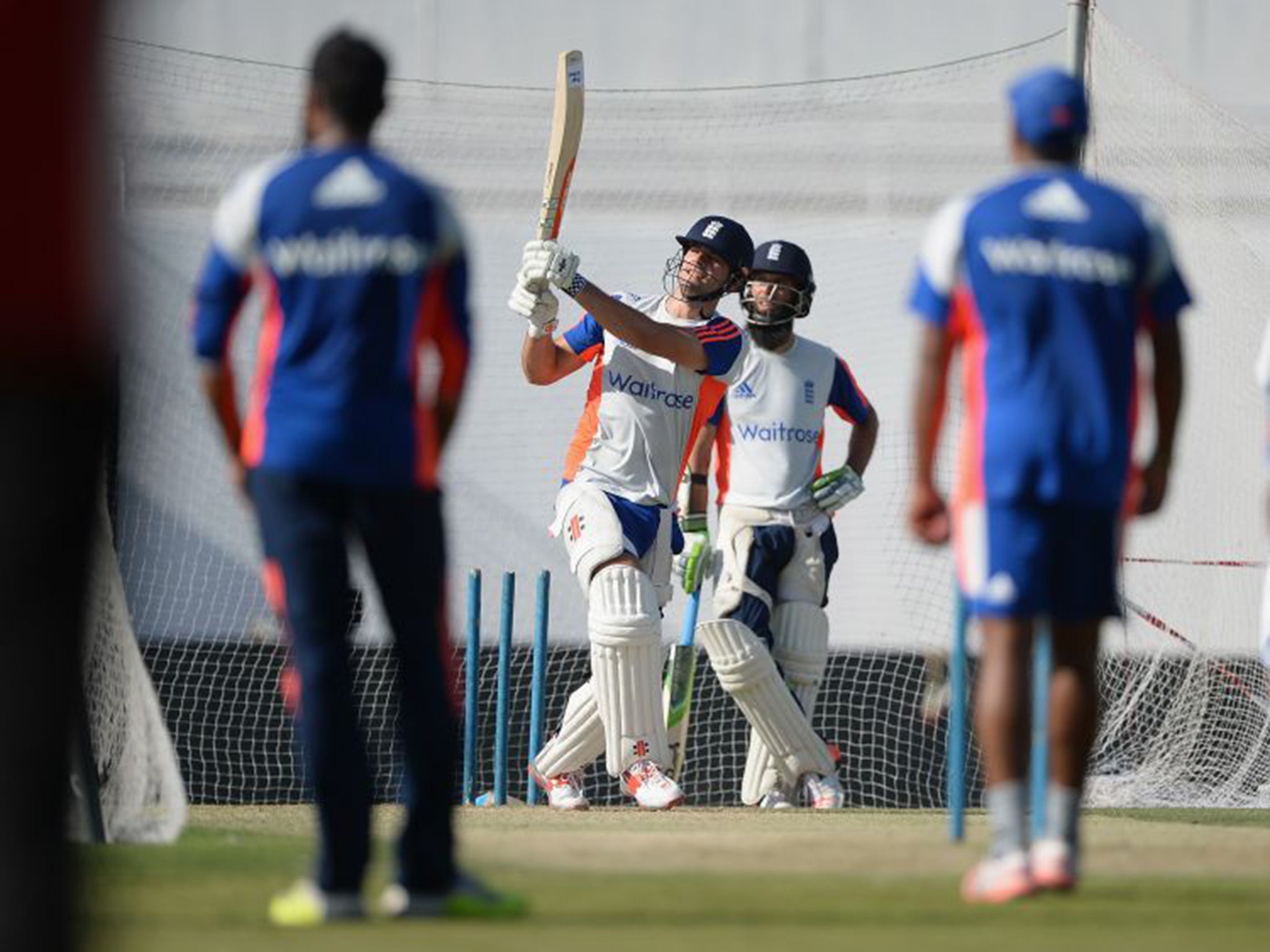 Alastair Cook tries attack as the best form of defence in the nets on Monday