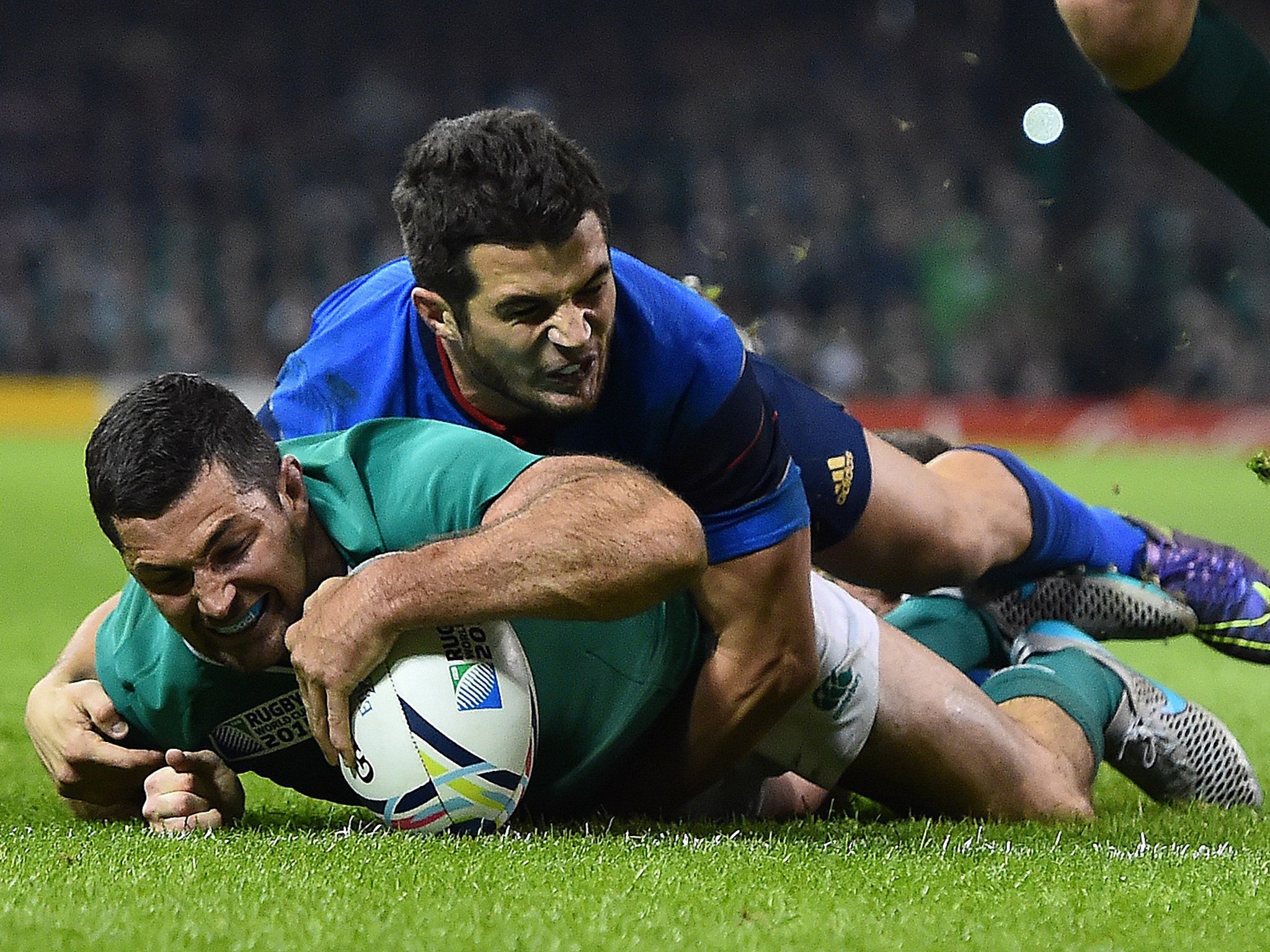 Ireland full-back Rob Kearney goes over to score a try during the Pool D match against France at the weekend