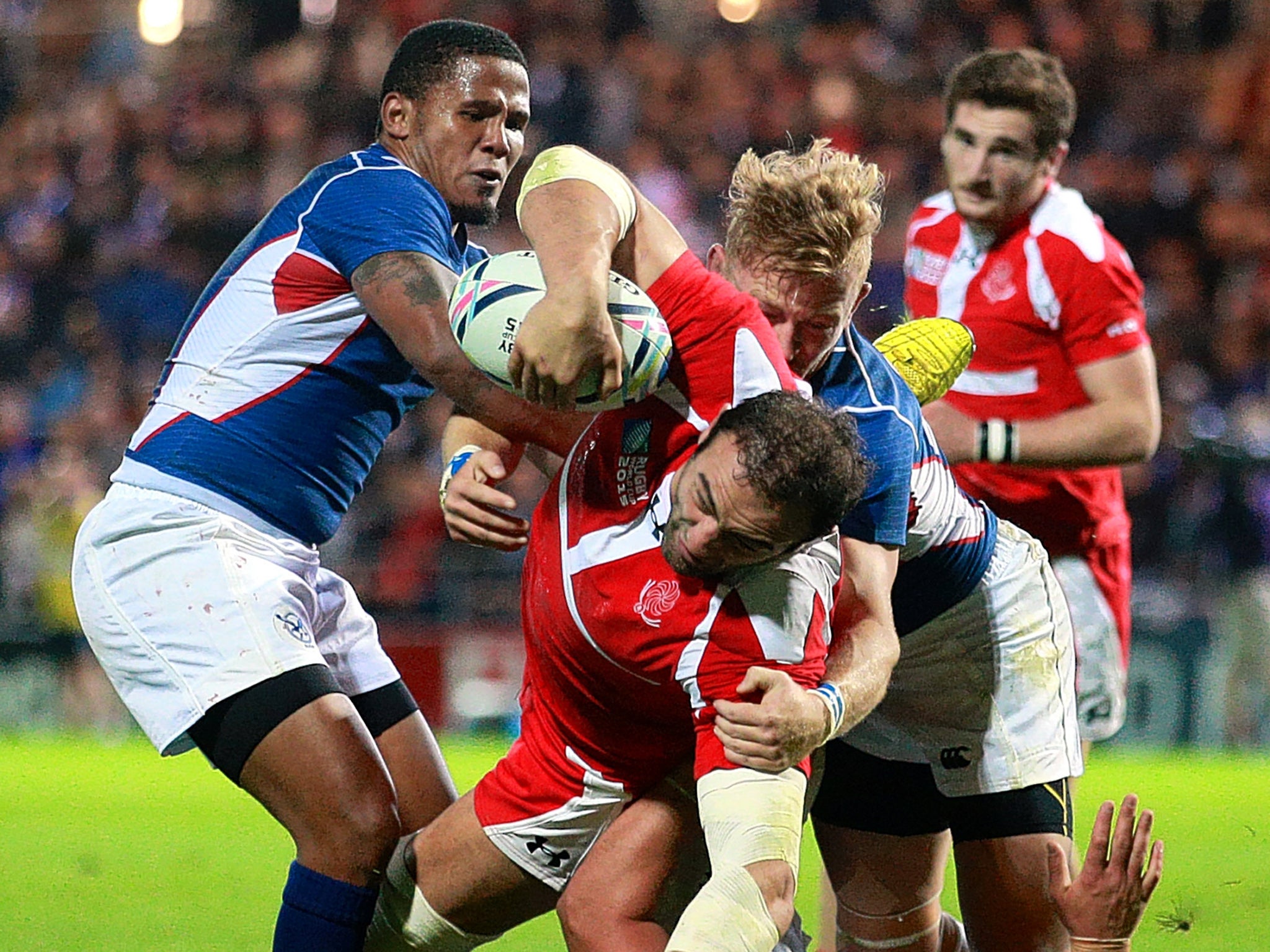 Georgia’s Mamuka Gorgodze goes over against Namibia at Exeter.