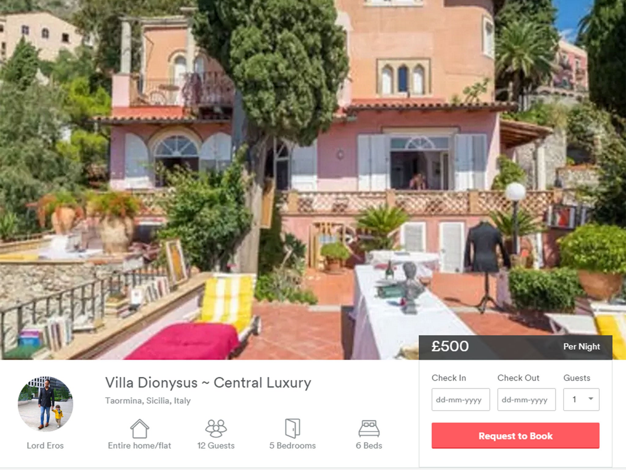 A listing for 'Lord Eros's' villa on AirBnb
