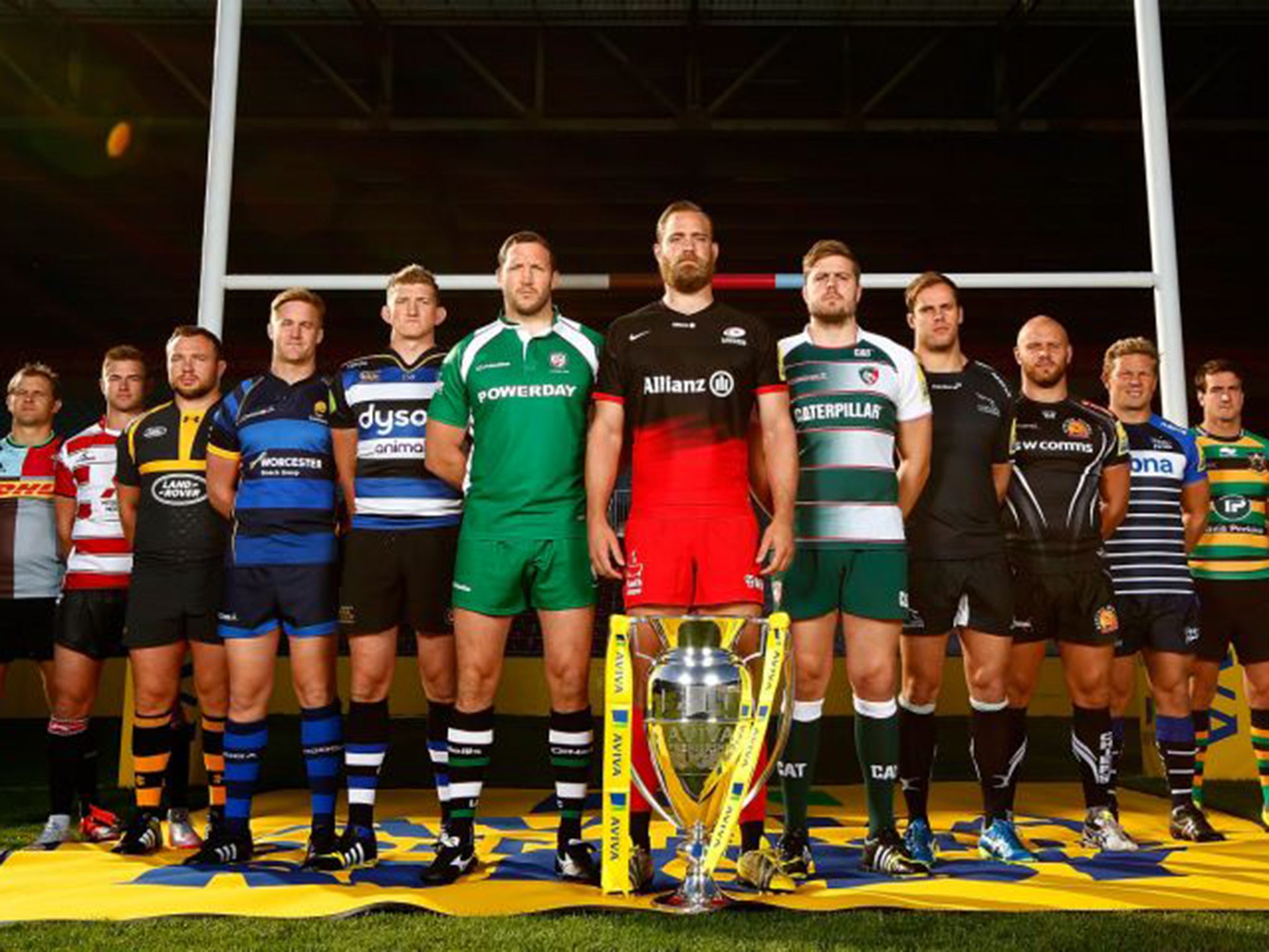 (Left to right) Harlequins’ Nick Evans, Gloucester’s Henry Trinder, Wasps’ Matt Mullan, Worcester’s GJ Van Gelze, Bath’s Stuart Hooper, London Irish’s George Skilvington, Saracens’ Alastair Hargreaves, Leicester’s Ed Slater, Newcastle’s Will Welch, Exeter’s Jack Yeandle, Sale’s Dan Braid, and Lee Dickson, of Northampton