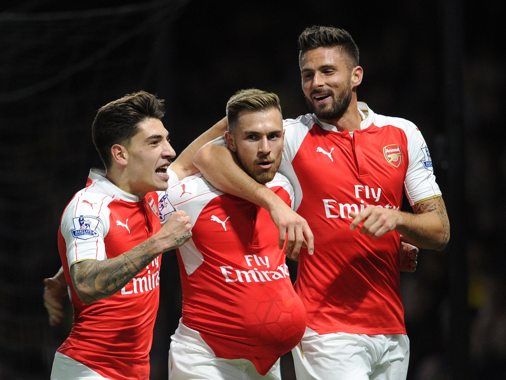 Aaron Ramsey (centre) celebrates his goal against Watford