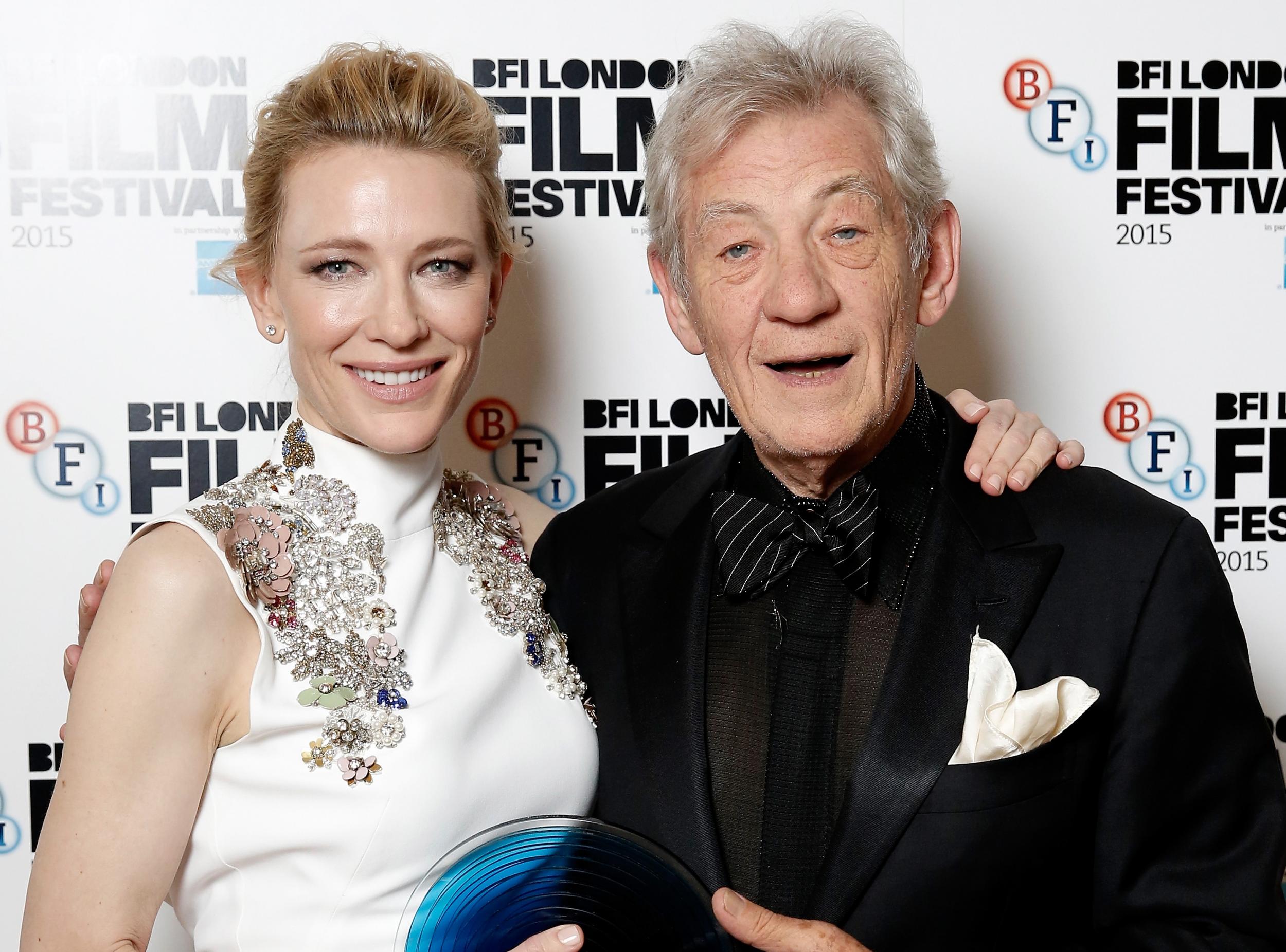 Sir Ian McKellen poses with the winner of the BFI Fellowship Award actress Cate Blanchett