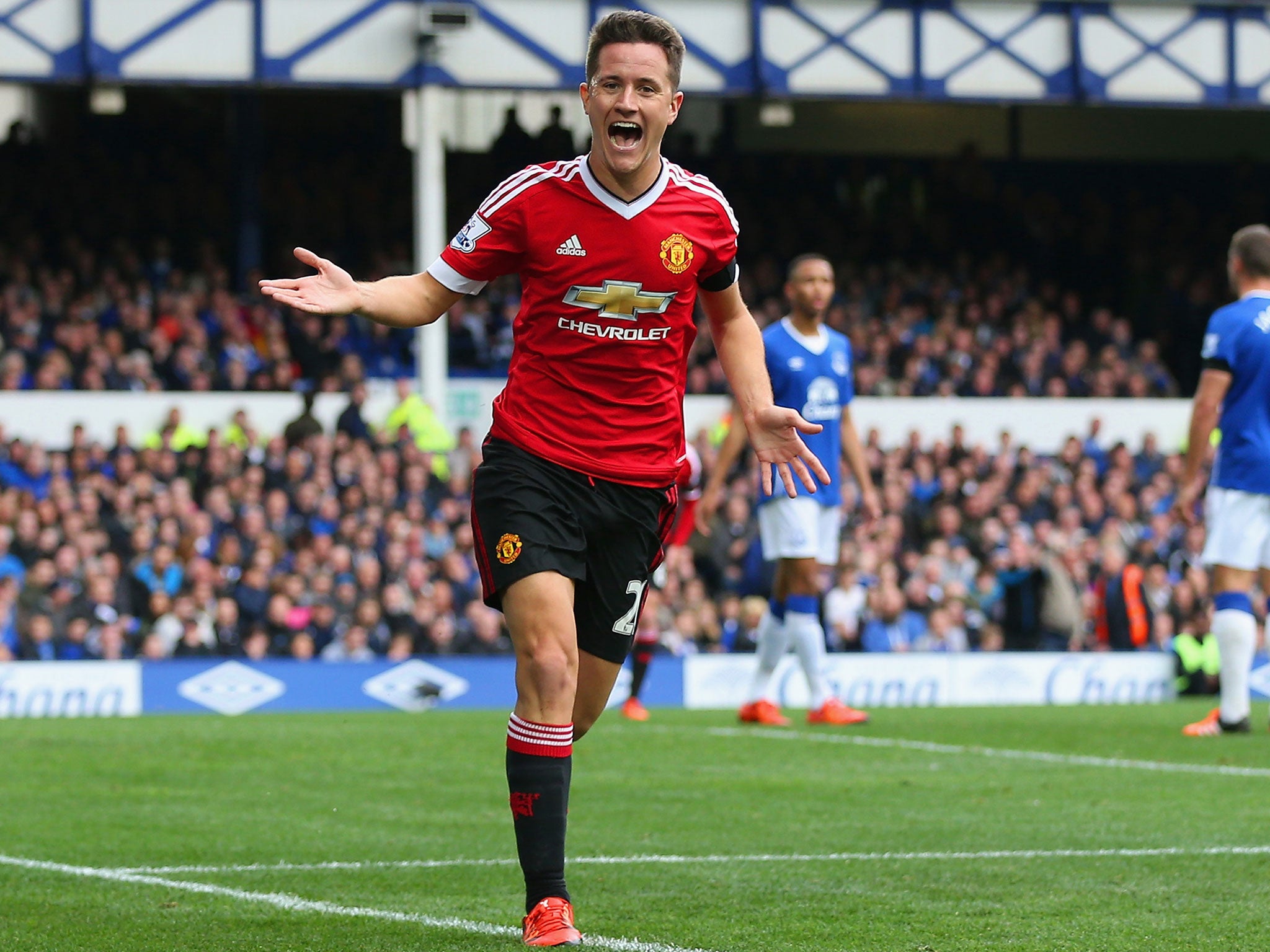 Manchester United midfielder Ander Herrera celebrates after scoring against Everton