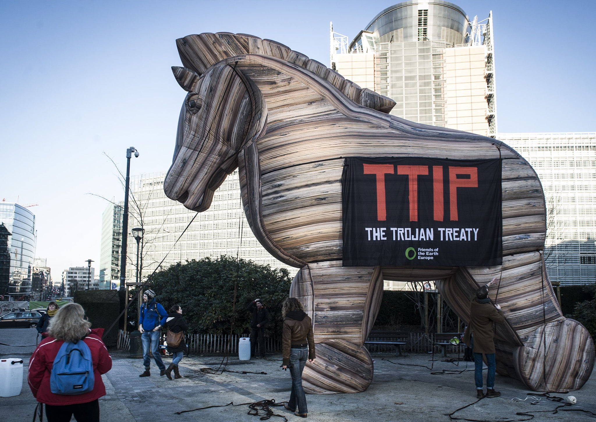 Protest against TTIP outside EU headquarters in Brussels, Belgium - 04 Feb 2015