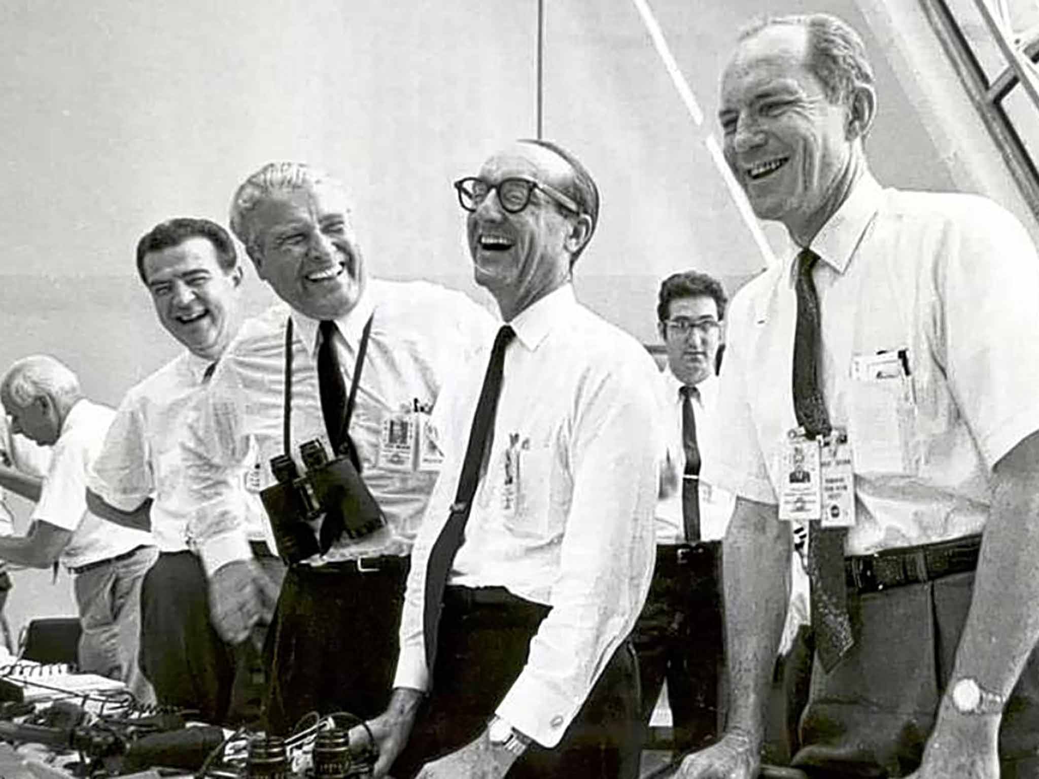 Mueller (centre) at Launch Contol Center, Florida, after the lift-off of Apollo 11 in July 1969