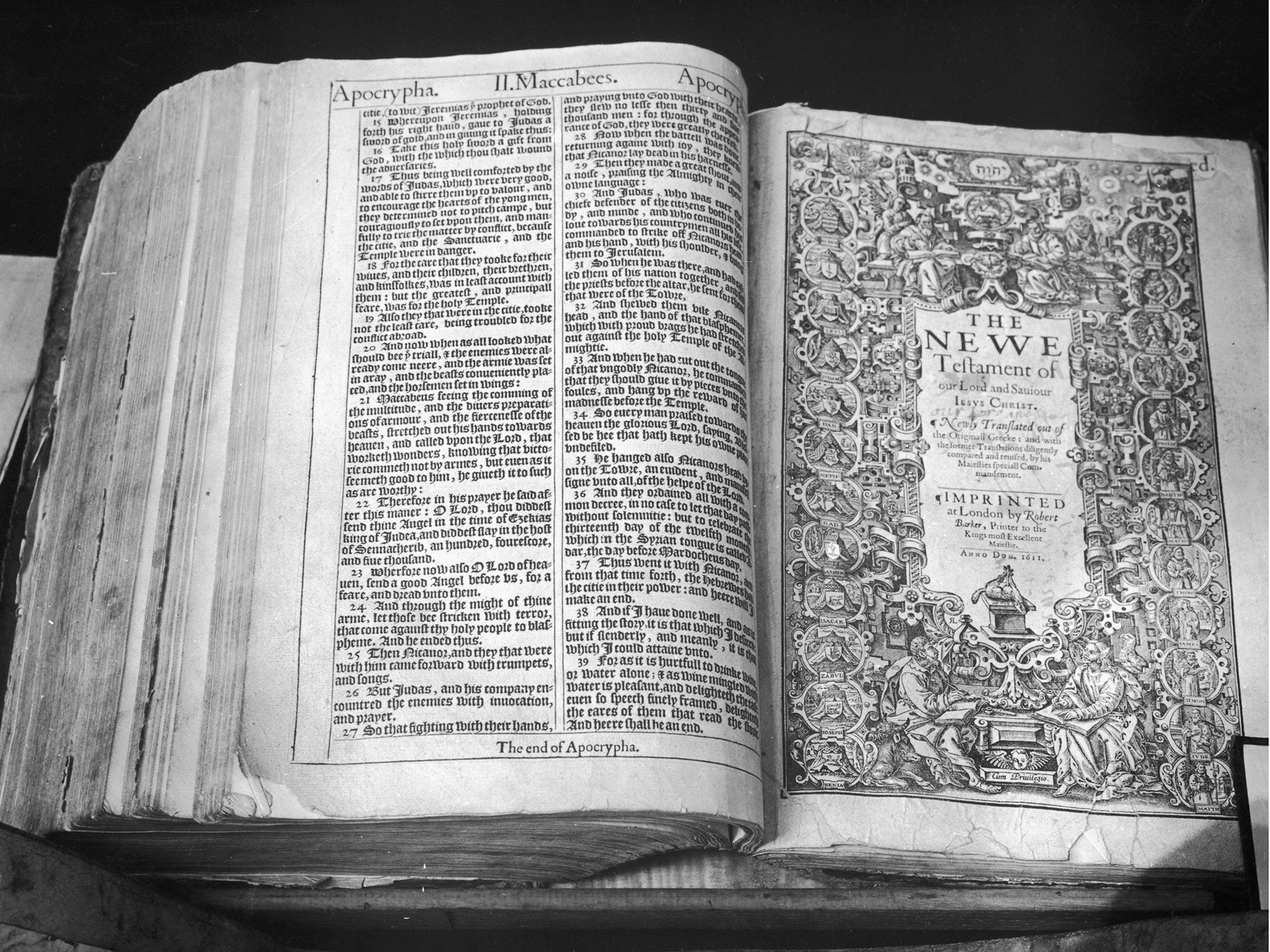 The first issue of the first edition of the 'Authorised Version' of the English Bible, printed in London in 1611 by Robert Barker. Commissioned by King James I, it is also known as the King James Version.