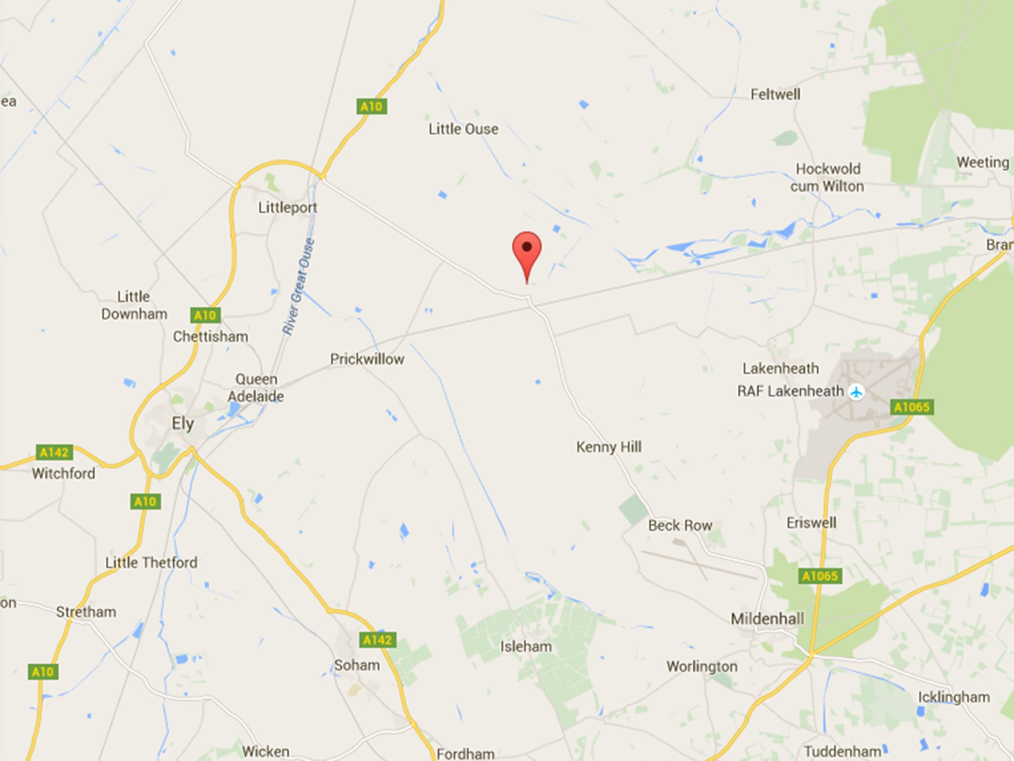 Map showing reported location of plane crash at Redmere, between Ely and RAF Lakenheath